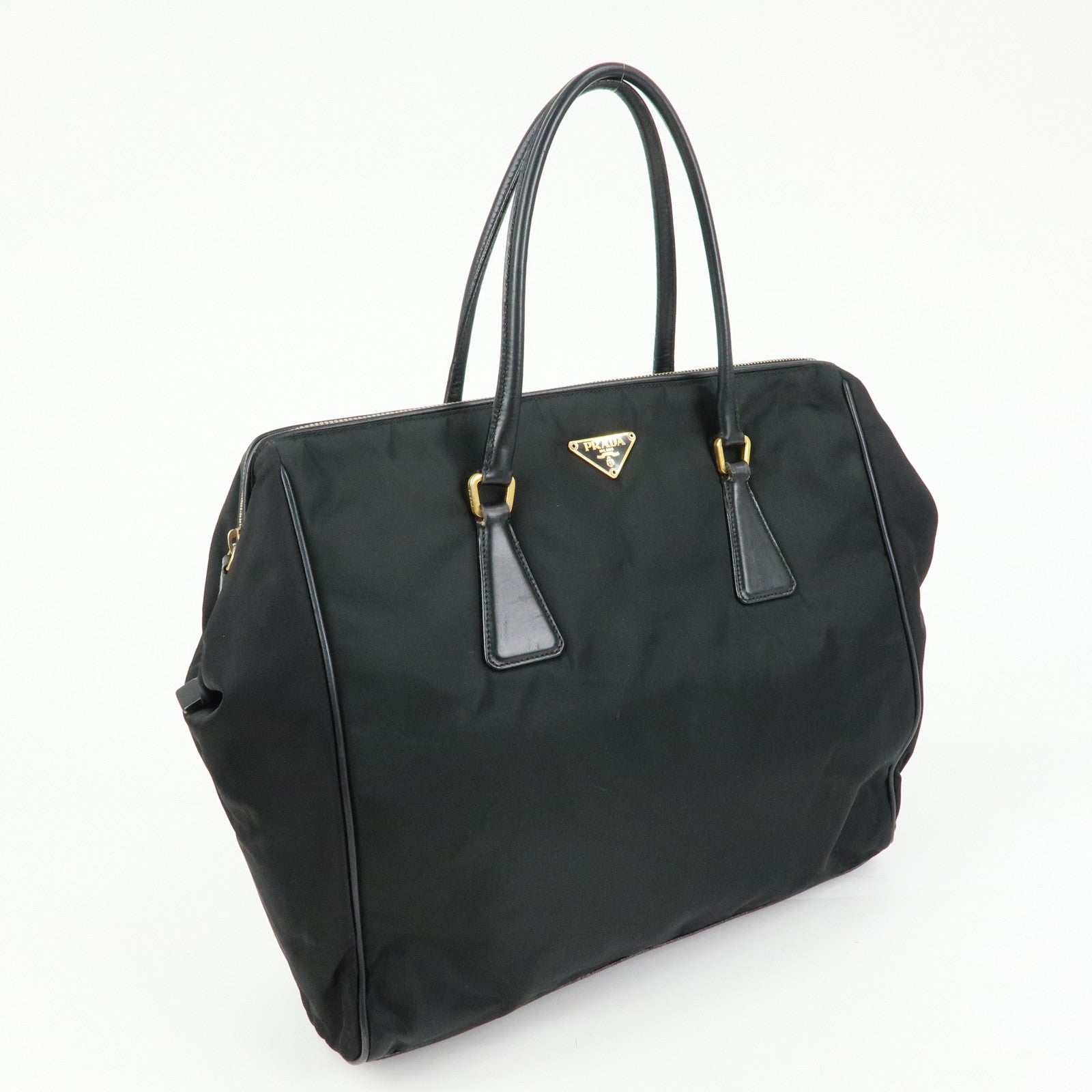 PRADA Triangle Logo Nylon Leather Hand Bag Tote Shoulder Bag Black