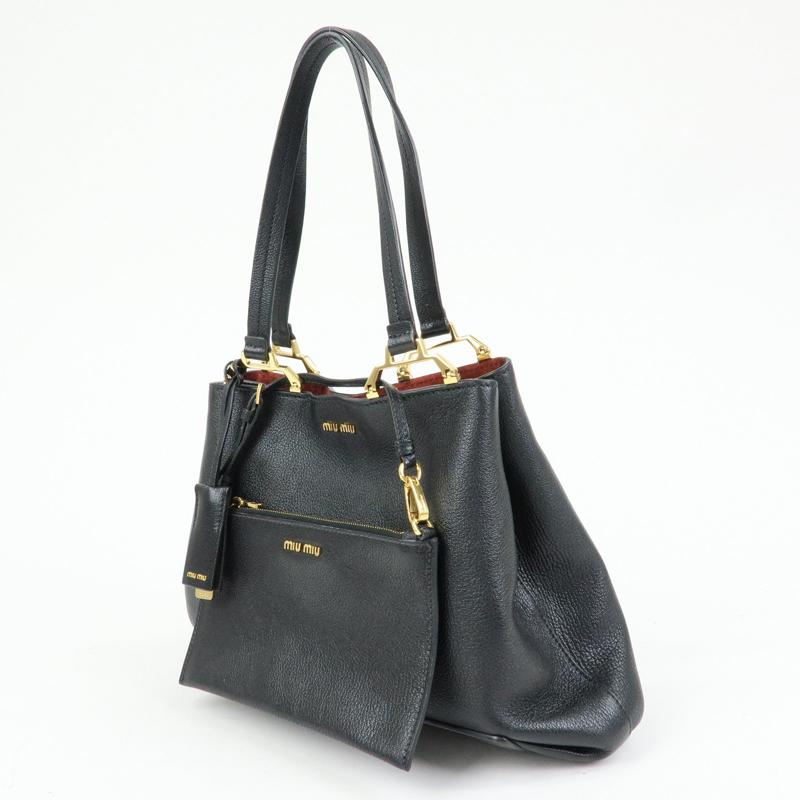 MIU MIU Logo Madras Leather Tote Bag Shoulder Bag Hand Bag Black