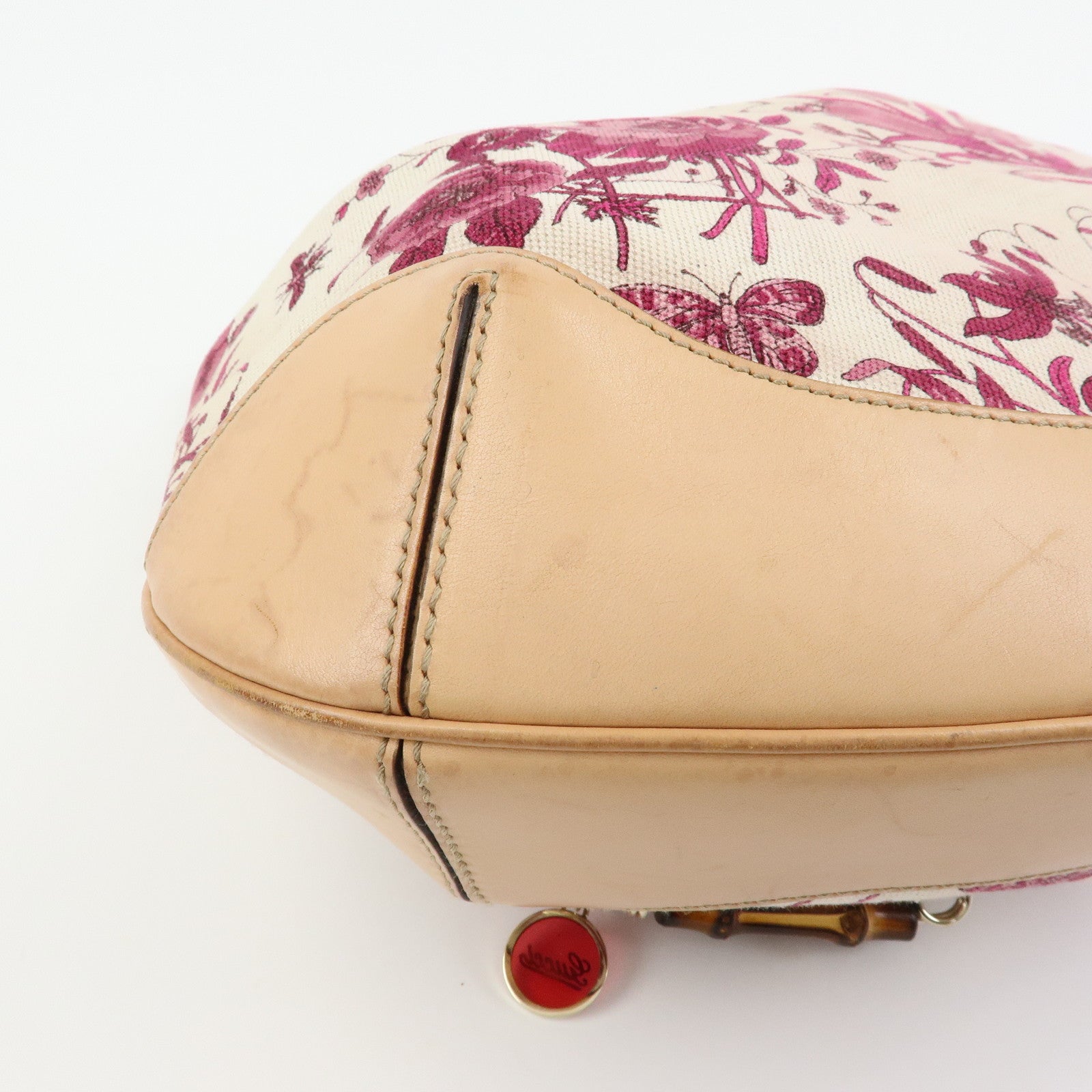 GUCCI Bamboo Flora Canvas Leather 2Way Shoulder Bag Pink 169976