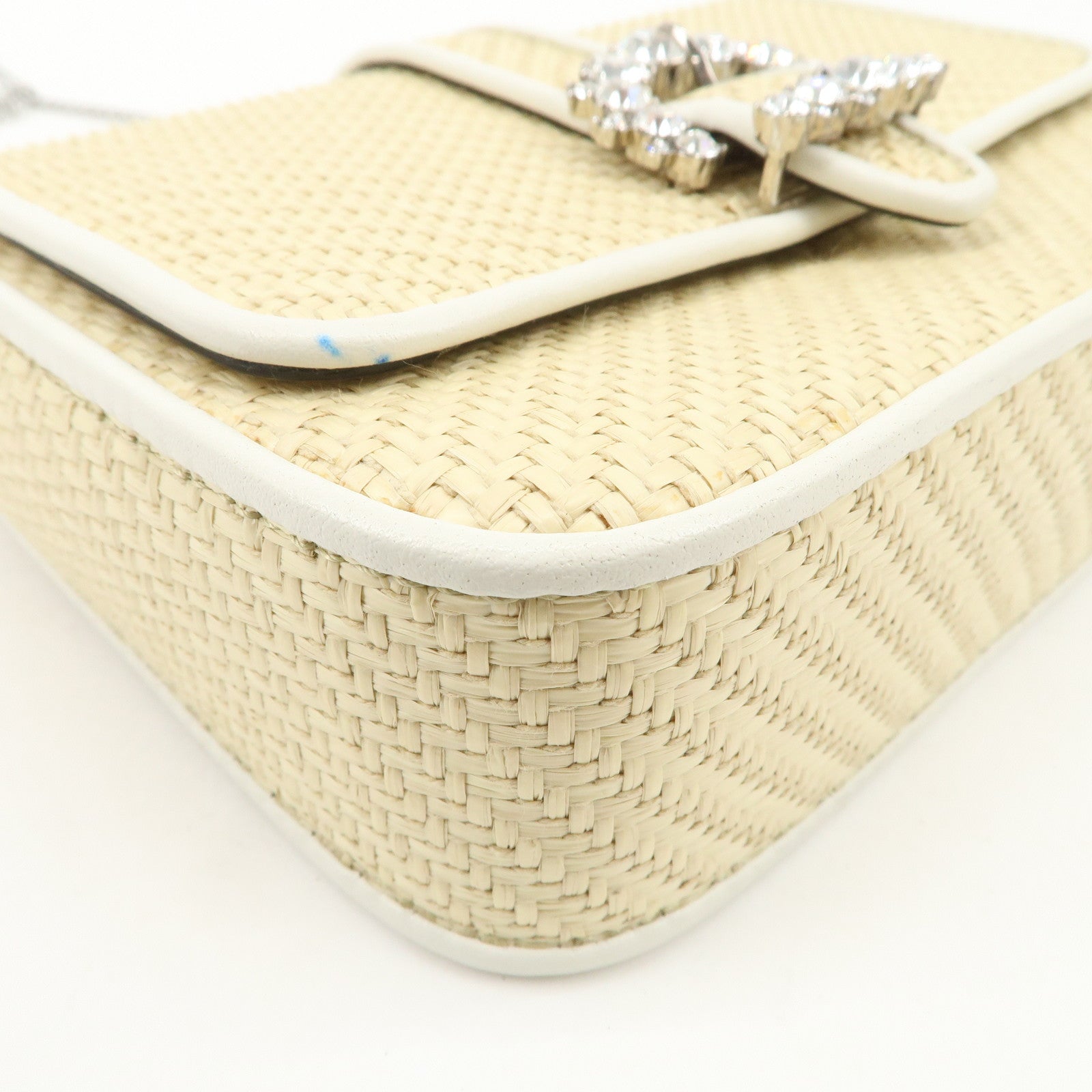 JIMMY CHOO Raffia Leather Mini Chain Shoulder Bag Beige Ivory