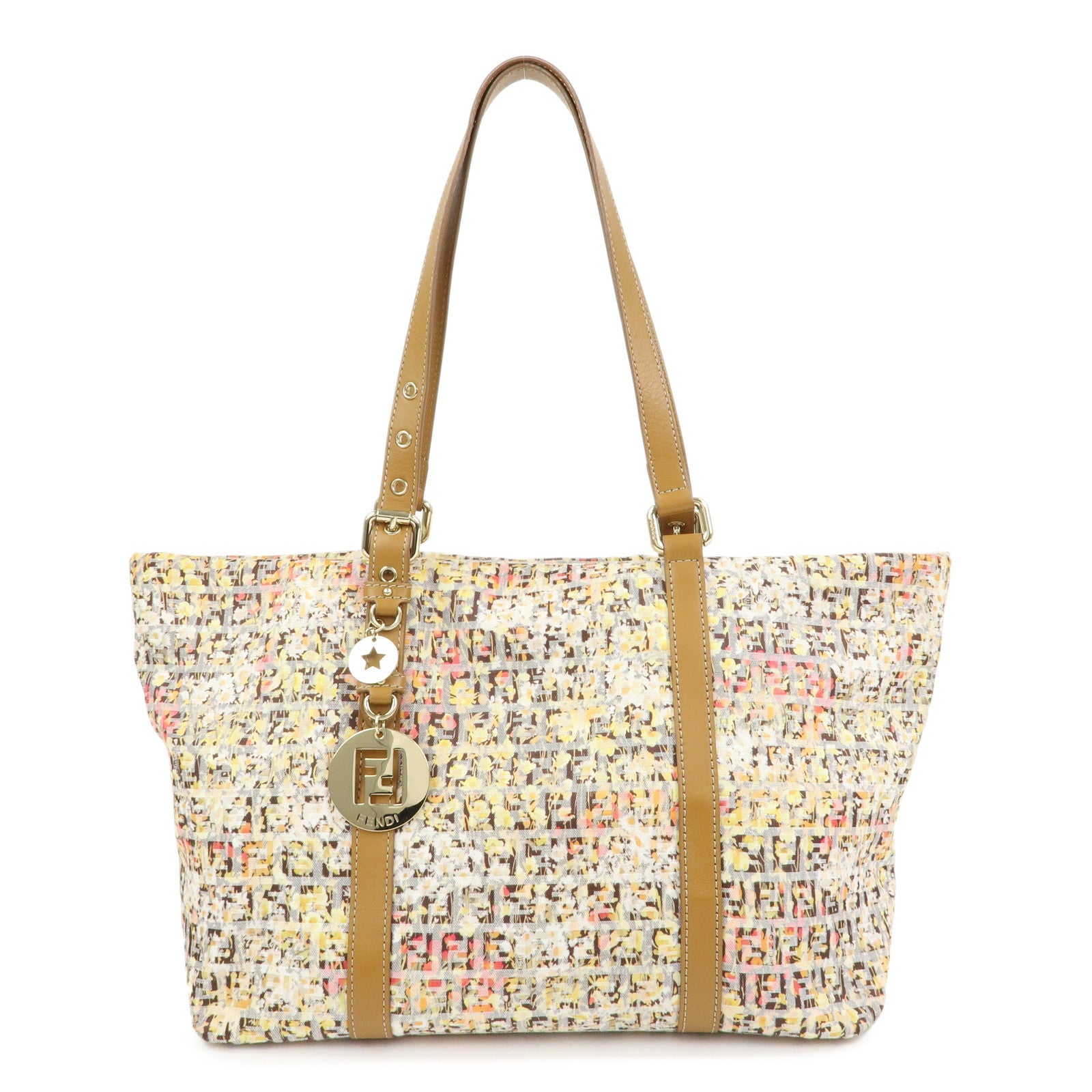 FENDI Zucchino Canvas Leather Flower Print Tote Bag Hand Bag 8BH215