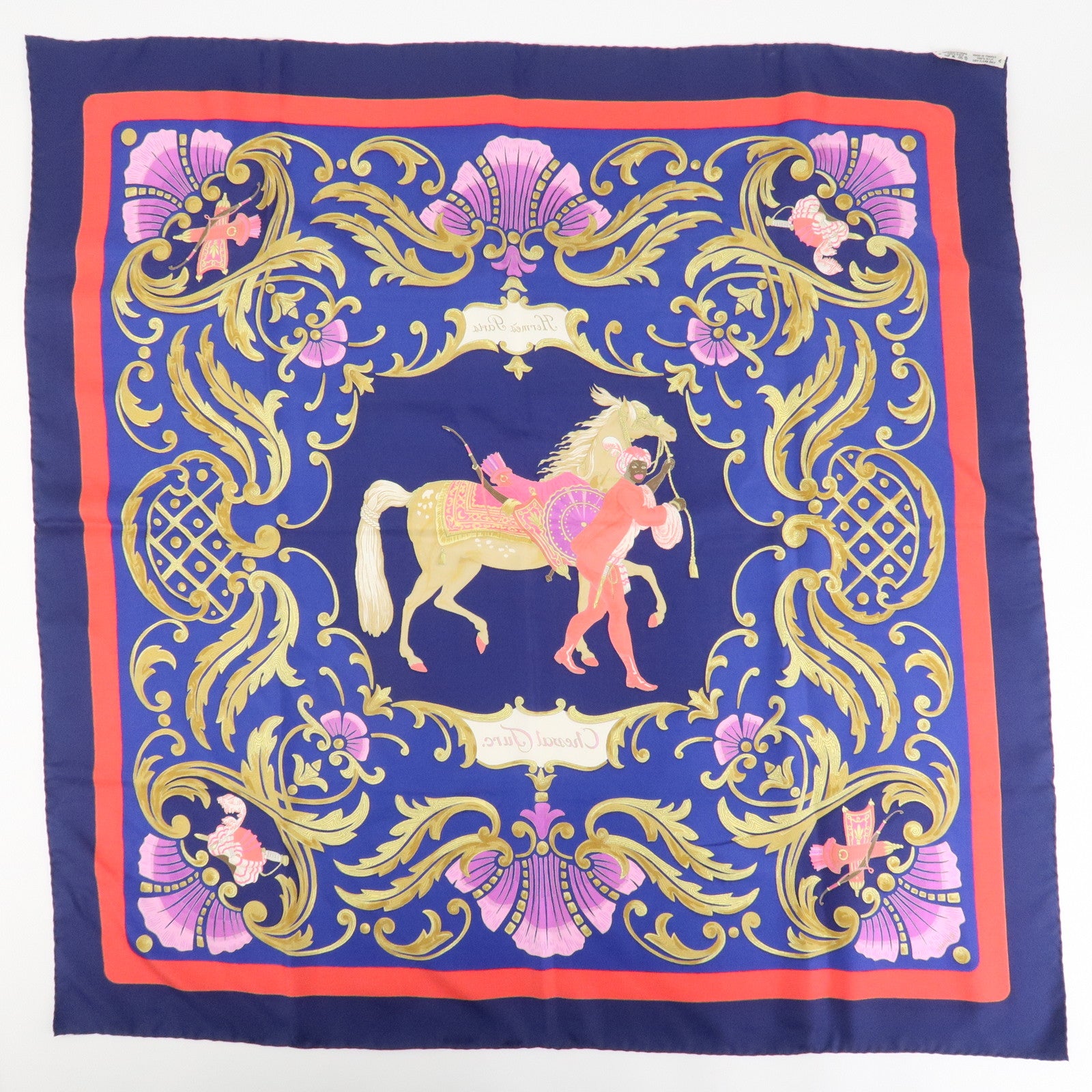 HERMES Carre 90 Silk 100% Scarf Cheval Turc Blue Gold Navy Used