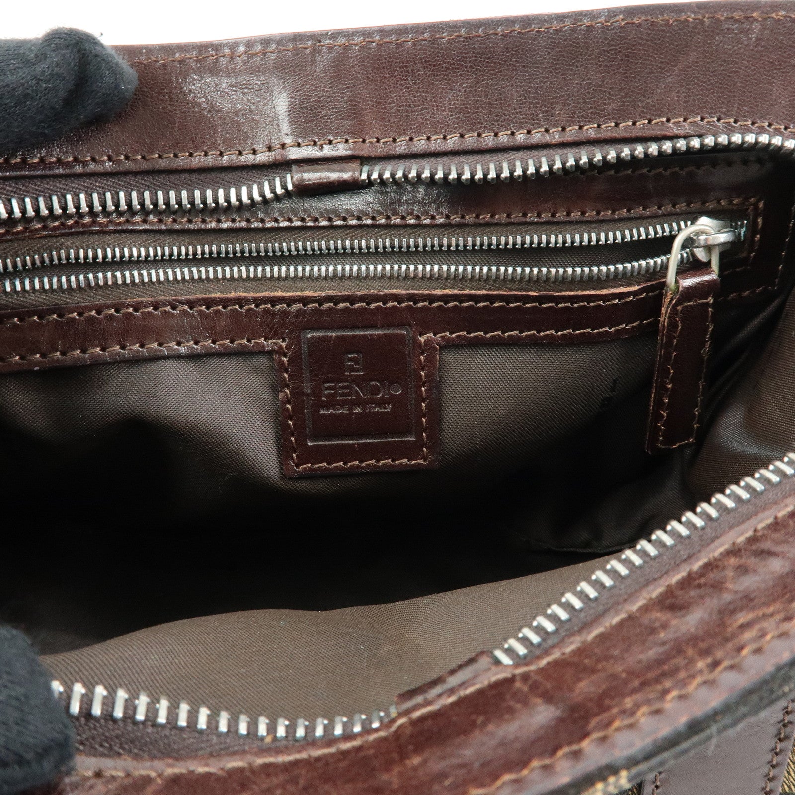 FENDI Zucca Jacquard Canvas Leather Top Handle Hand Bag Brown
