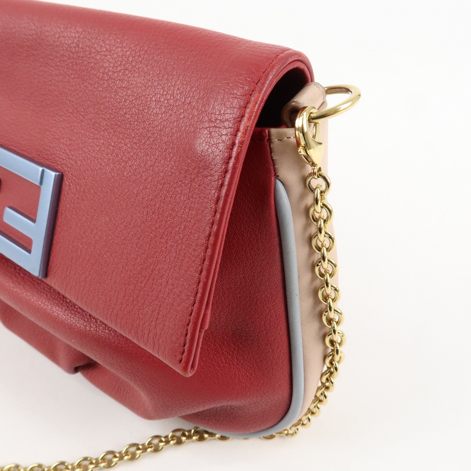 FENDI Leather Chain Shoulder Bag Purse Crossbody Bag Red 8M0276 Used