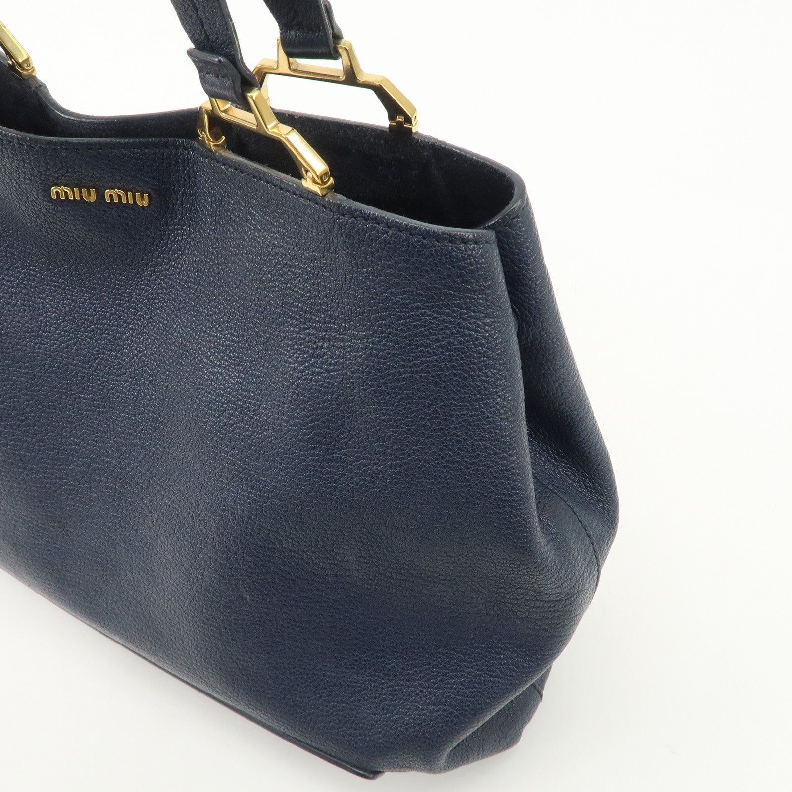 MIUMIU Logo Madras Leather Hand Bag Tote Bag Navy Gold Hardware Used
