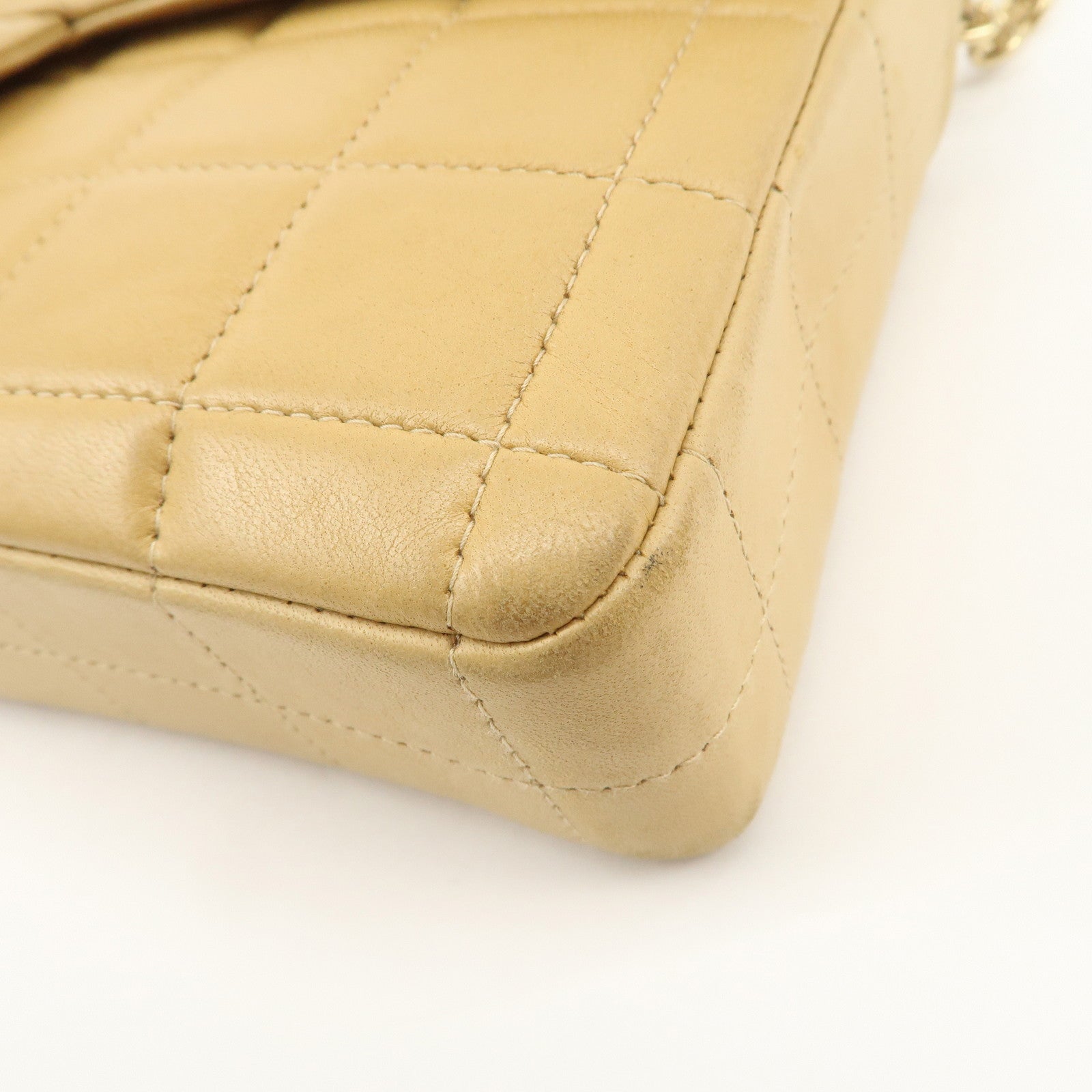 CHANEL Chocolate Bar Lamb Skin Chain Shoulder Bag Beige Gold Used