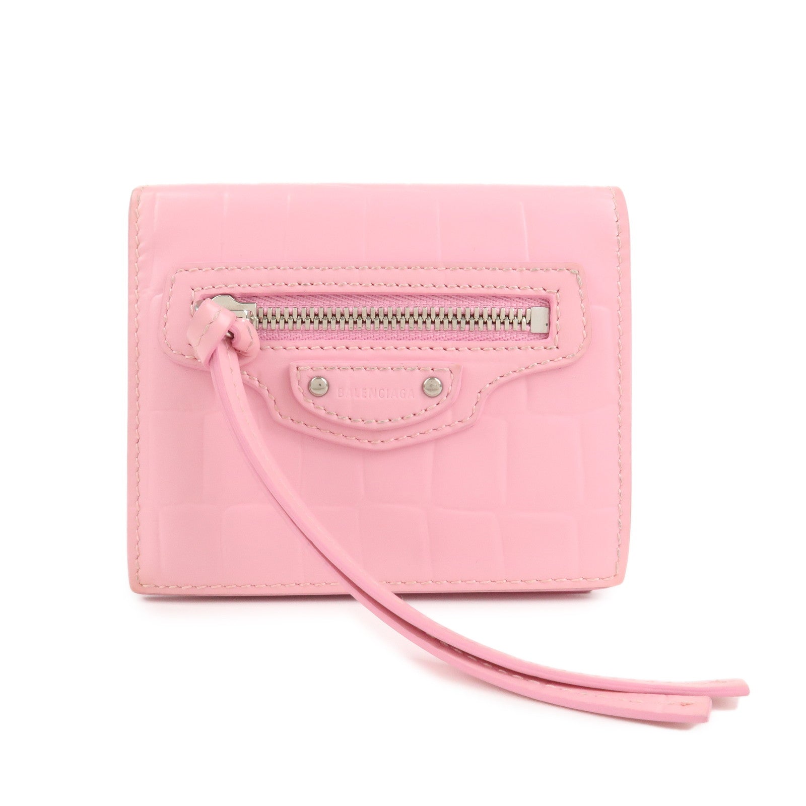 BALENCIAGA Leather Neo Classic Mini Wallet Pink Silver HDW 640111 Used