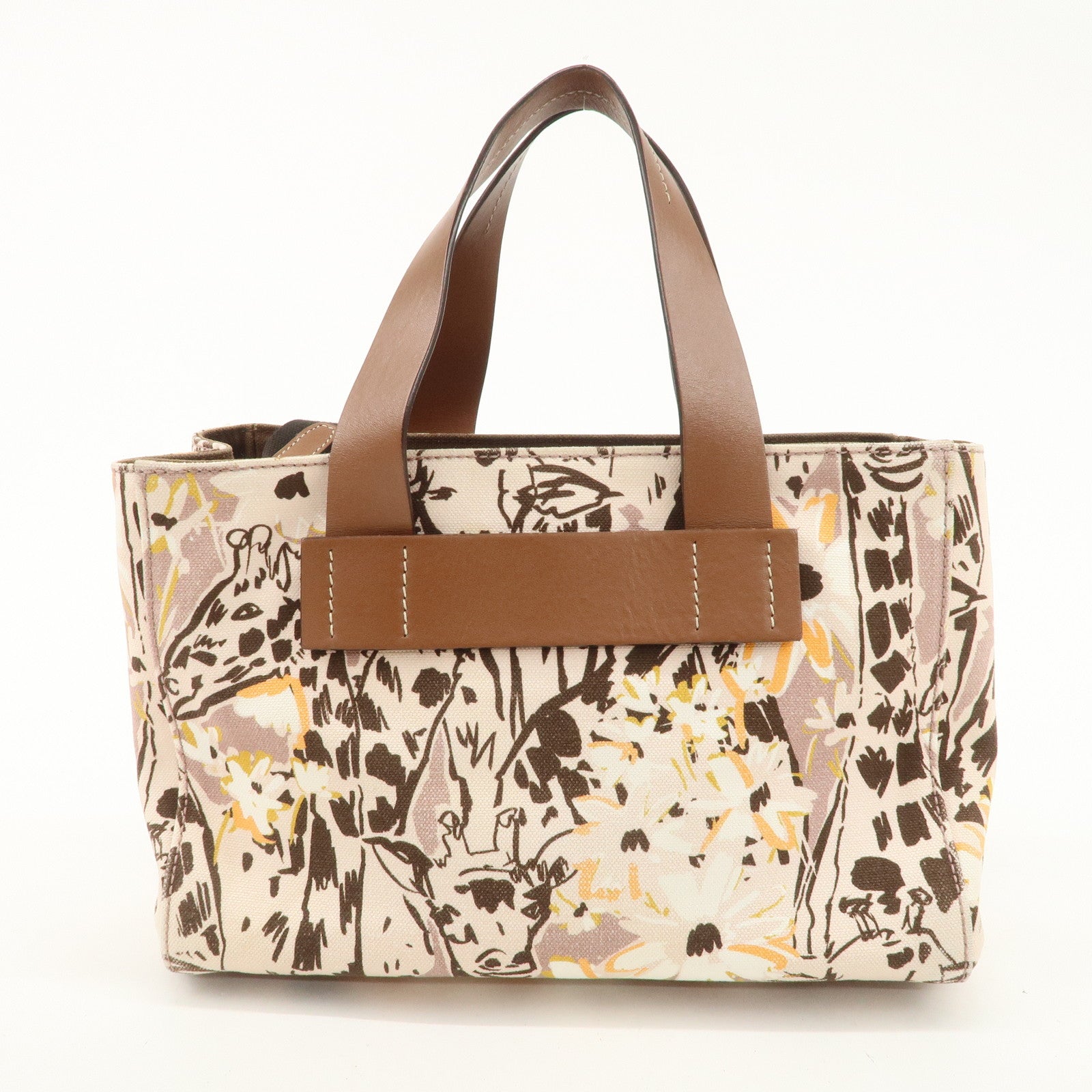 MIU MIU Leather Canvas 2Way Hand Bag Tote Bag Brown Pink 5BA085 Used
