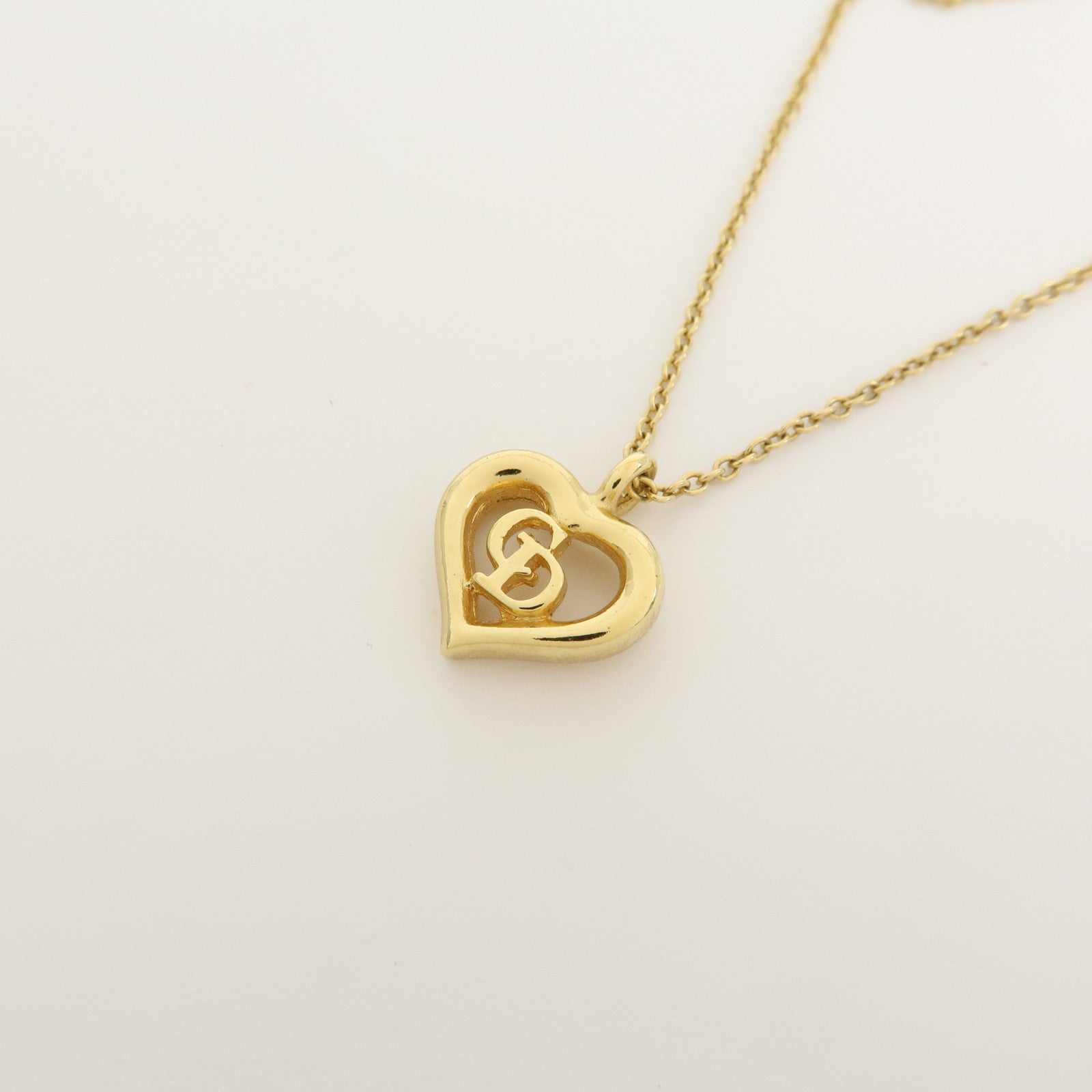 Christian Dior Logo Heart Pendant Metal Necklace Gold