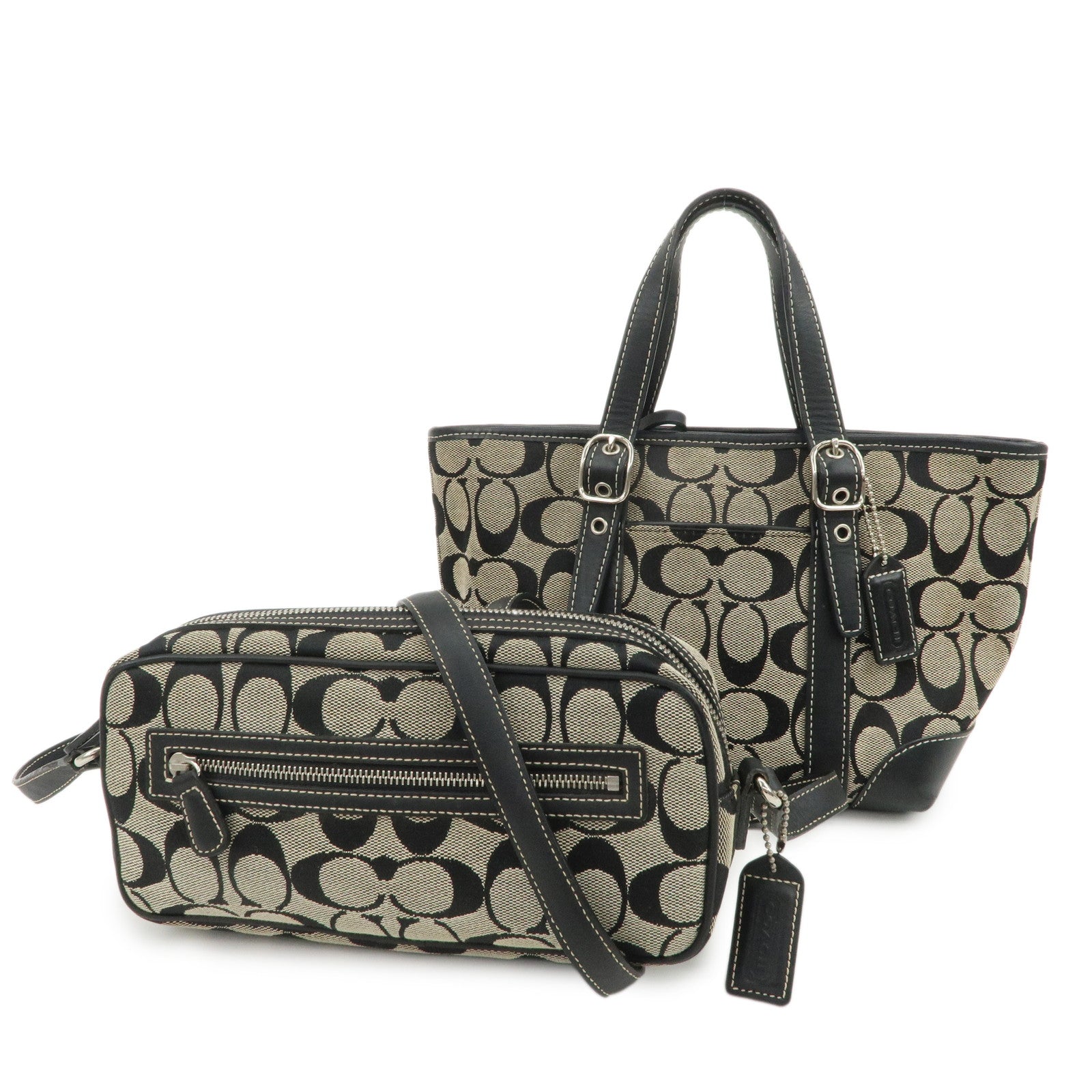 COACH Signature Canvas Leather Set of 2 Hand Bag Shoulder Bag Black