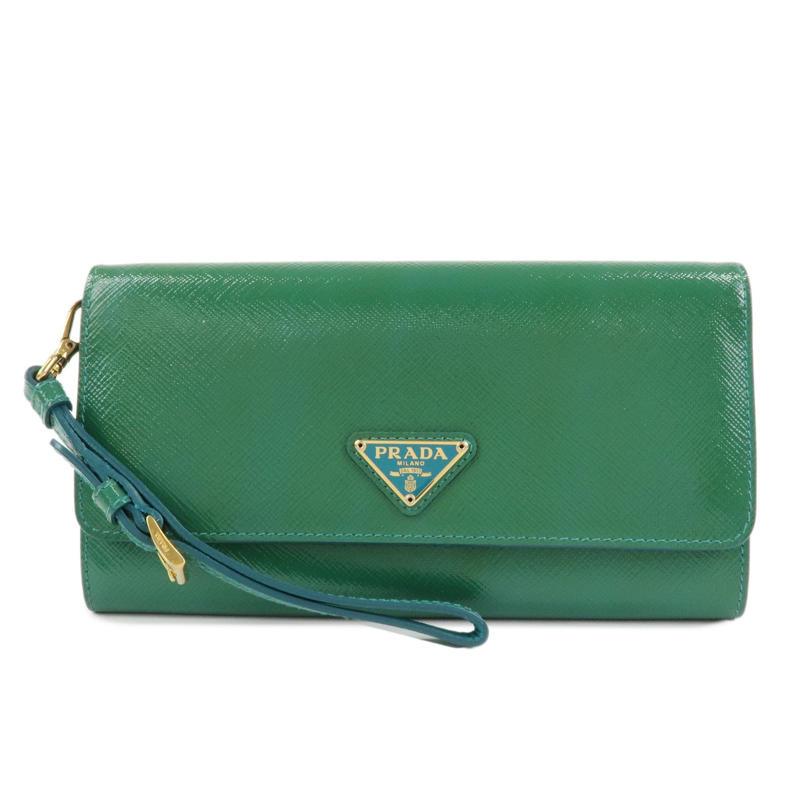 PRADA Triangle Logo Patent Leather Bi-Fold Long Wallet Green
