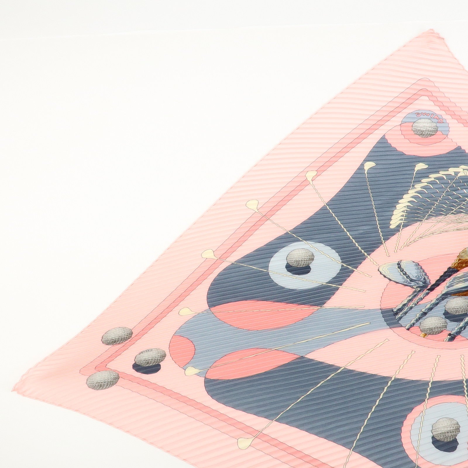 HERMES Pleated Carré Swing Silk 100% Scarf Golf Pattern Pink Gray