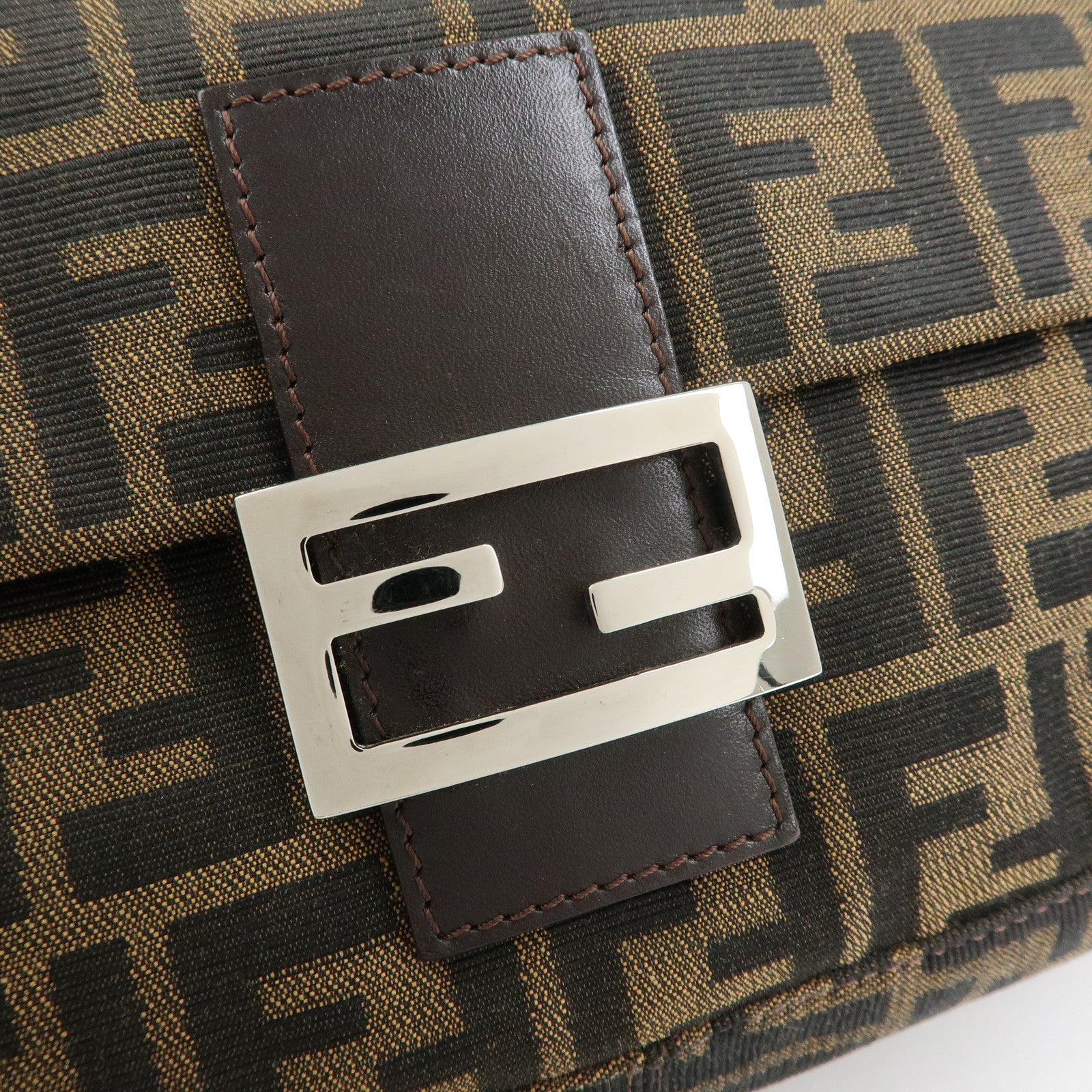 FENDI Mamma Baguette Zucca Canvas Leather Shoulder Bag Brown 26325
