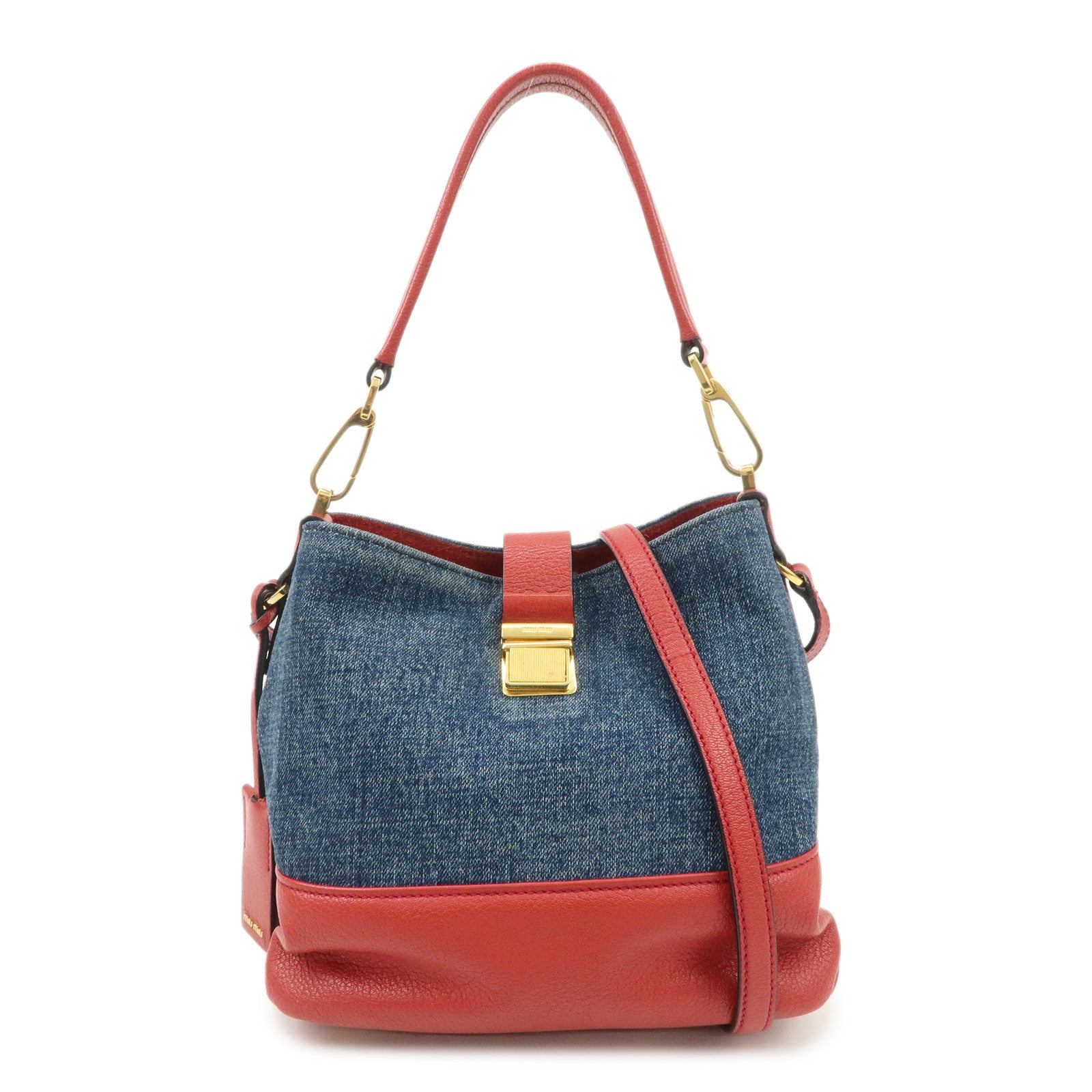 MIU MIU Madras Leather Denim 2Way Bag Shoulder Bag Red RR1951 Used