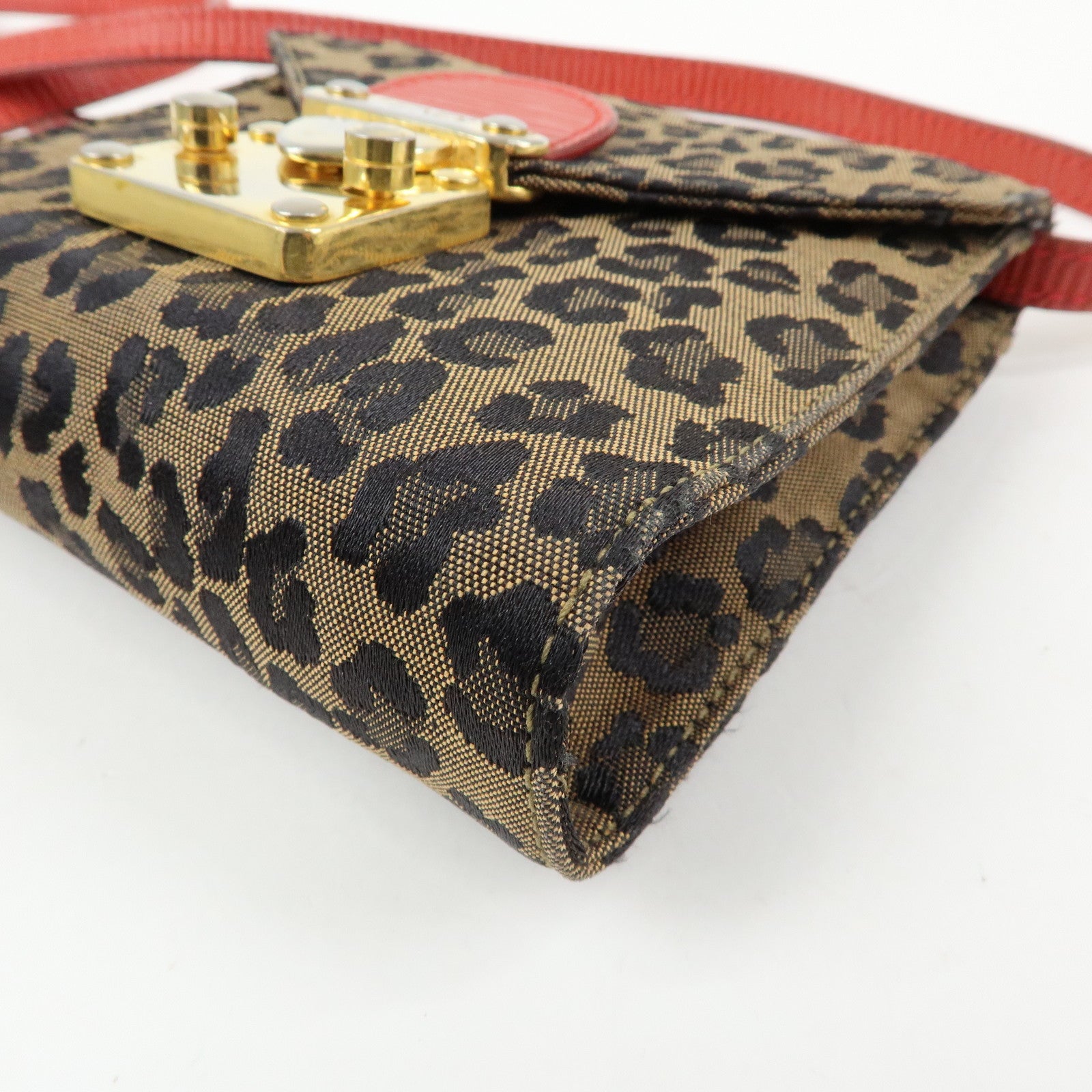 FENDI Leopard Canvas Leather 2Way Shoulder Bag Waist Bag Brown Red
