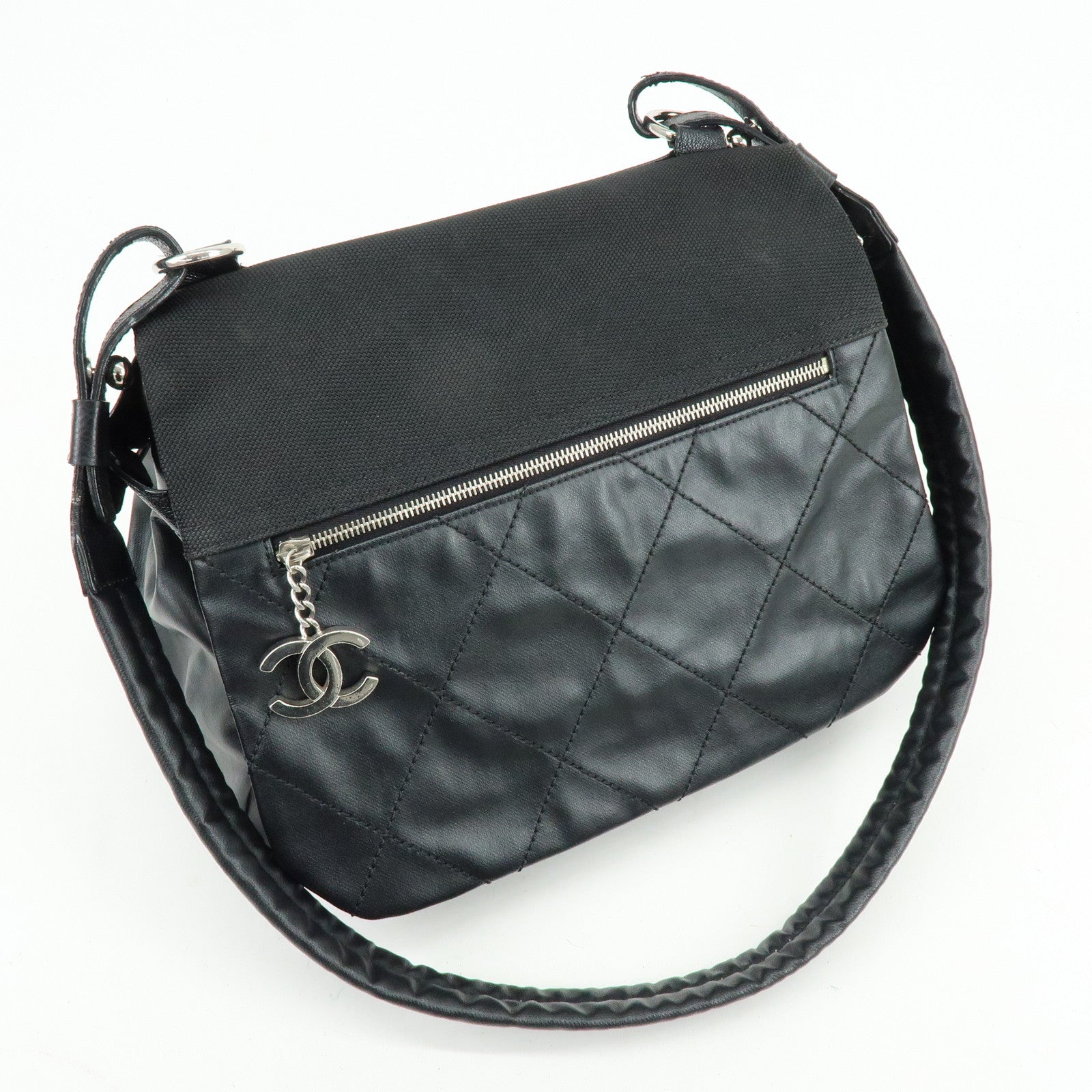 CHANEL Paris Biarritz PVC Coated Canvas Leather Shoulder Bag Black