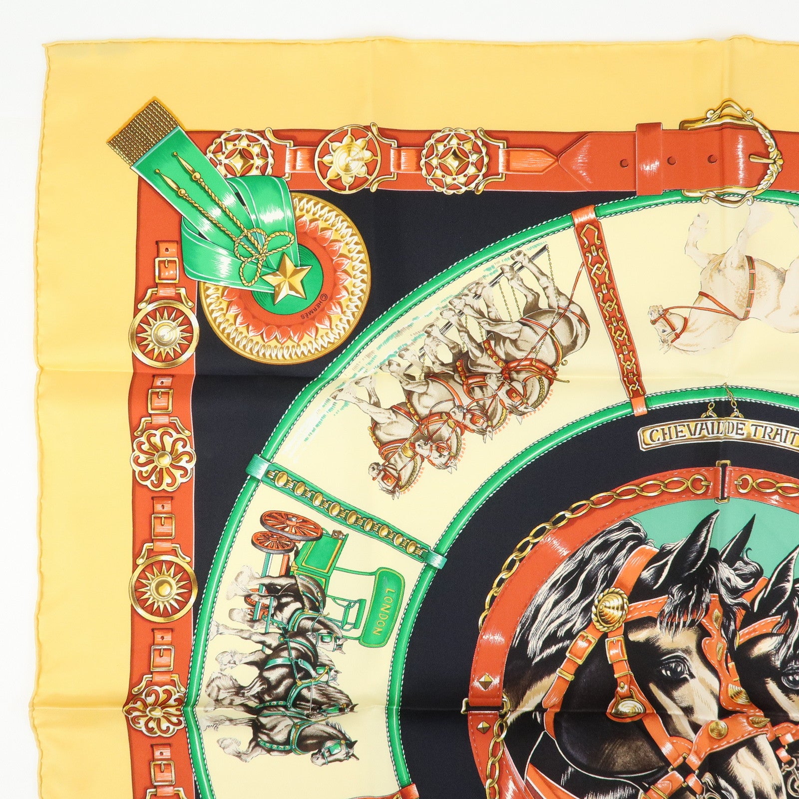 HERMES Carre 90 Silk 100% Scarf CHEVAUX DE TRAIT Black Beige