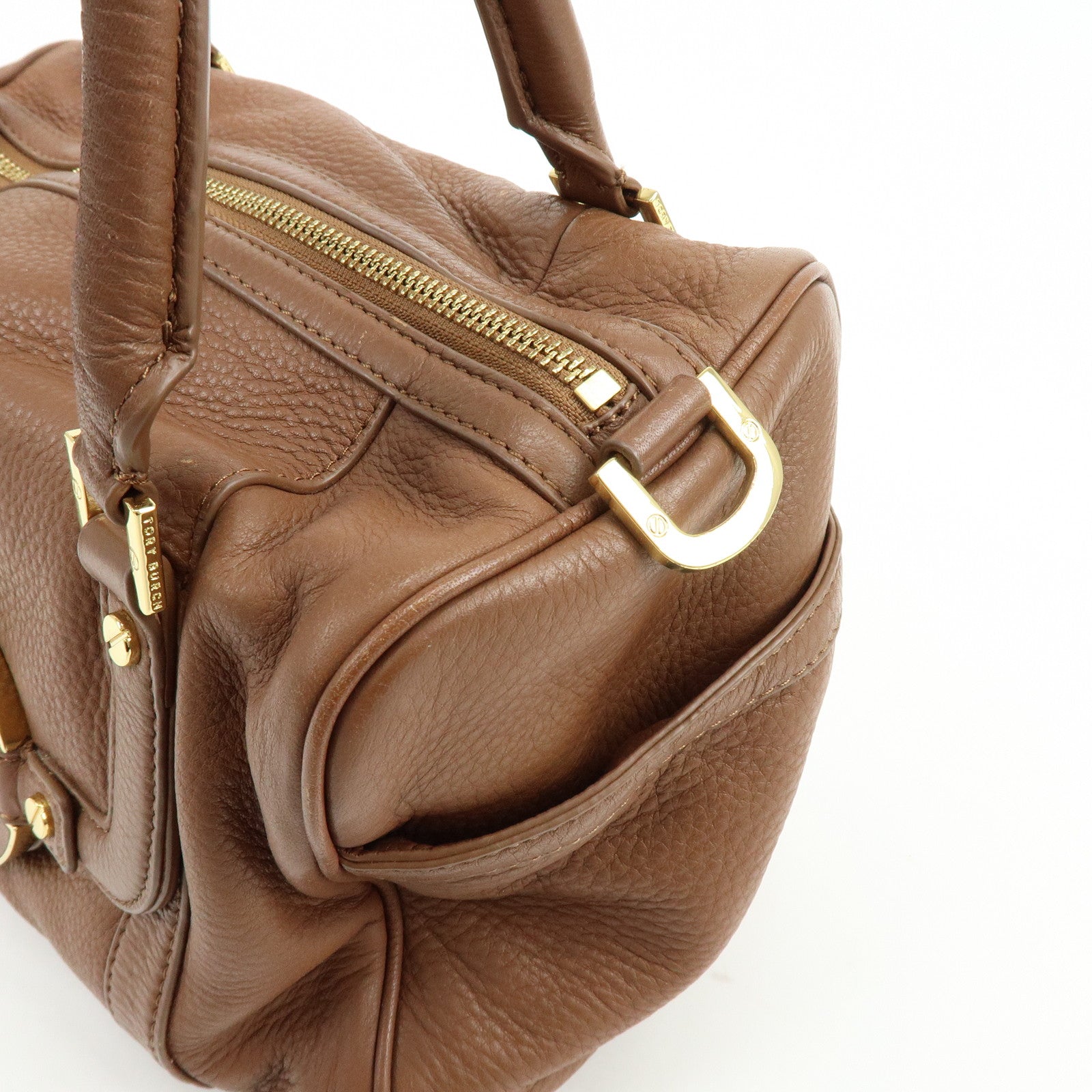 TORY BURCH Double T Leather 2Way Bag Hand Bag Mini Boston Bag Brown