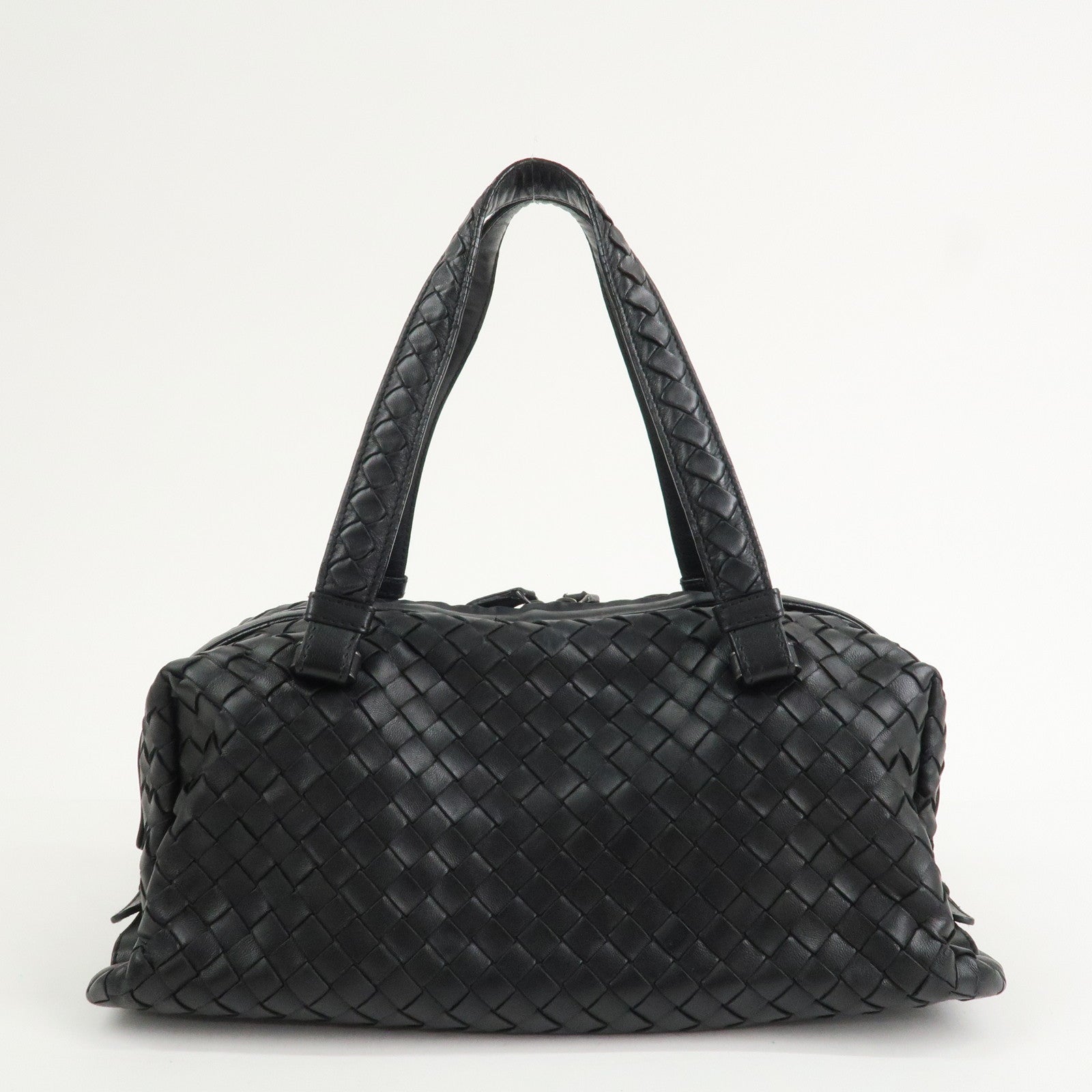 BOTTEGA VENETA Intrecciato Leather Boston Bag Hand Bag Black 145121