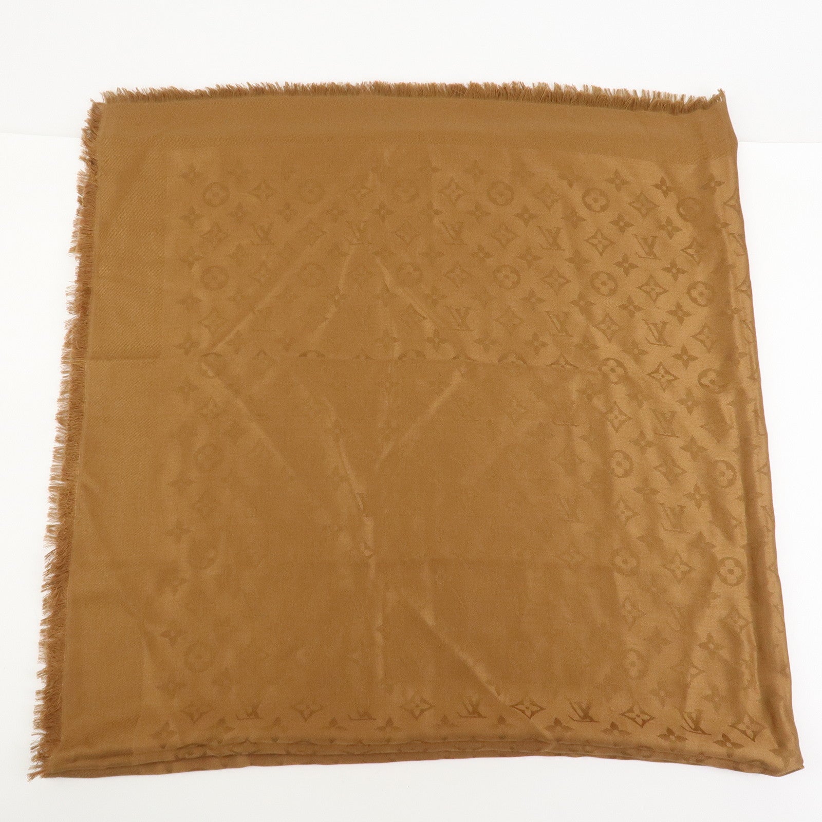Louis Vuitton Monogram Silk Wool Shawl Scarf Light Brown M71155