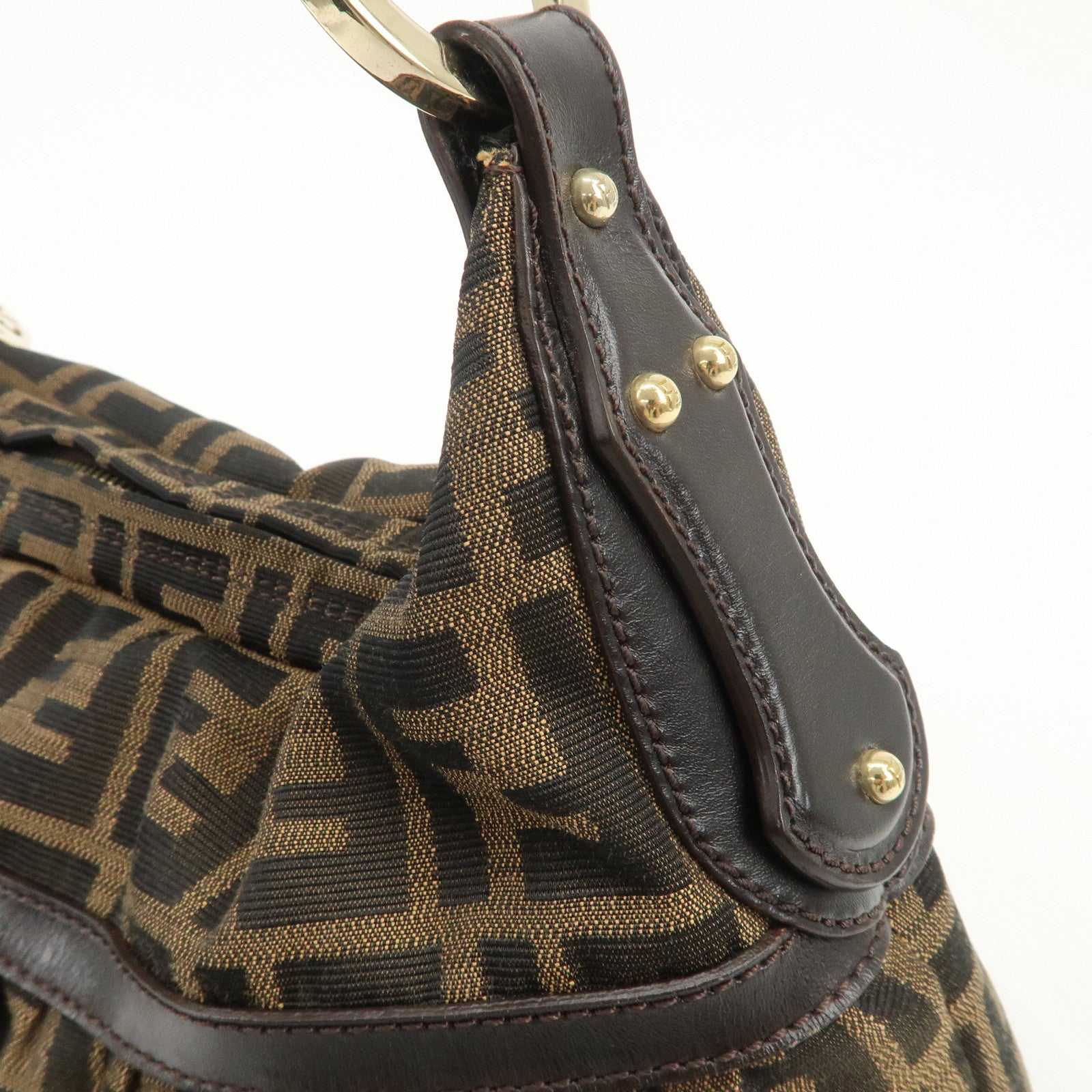 FENDI Zucca Canvas Leather Shoulder Bag Hand Bag Black Brown 8BR448