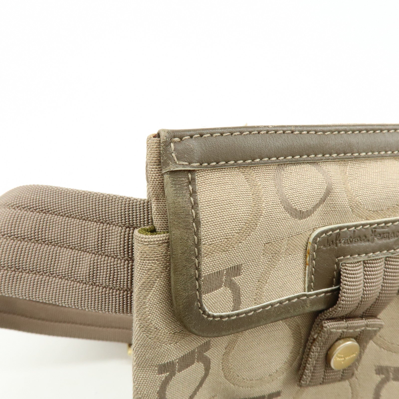 Ferragamo Gancini Canvas Leather Body Bag Waist Bag Beige