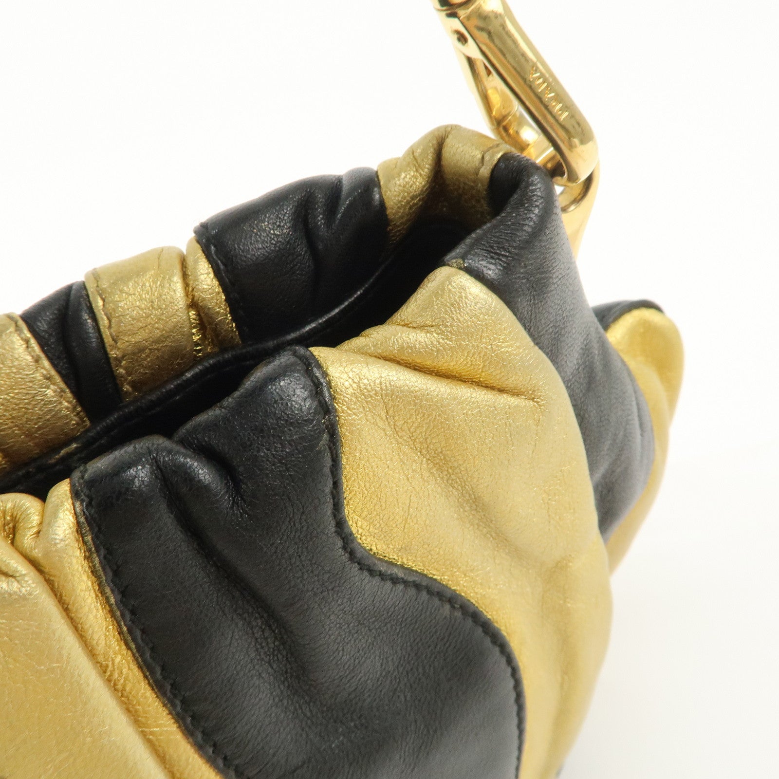 PRADA Leather Hand Bag Black Gold Hardware
