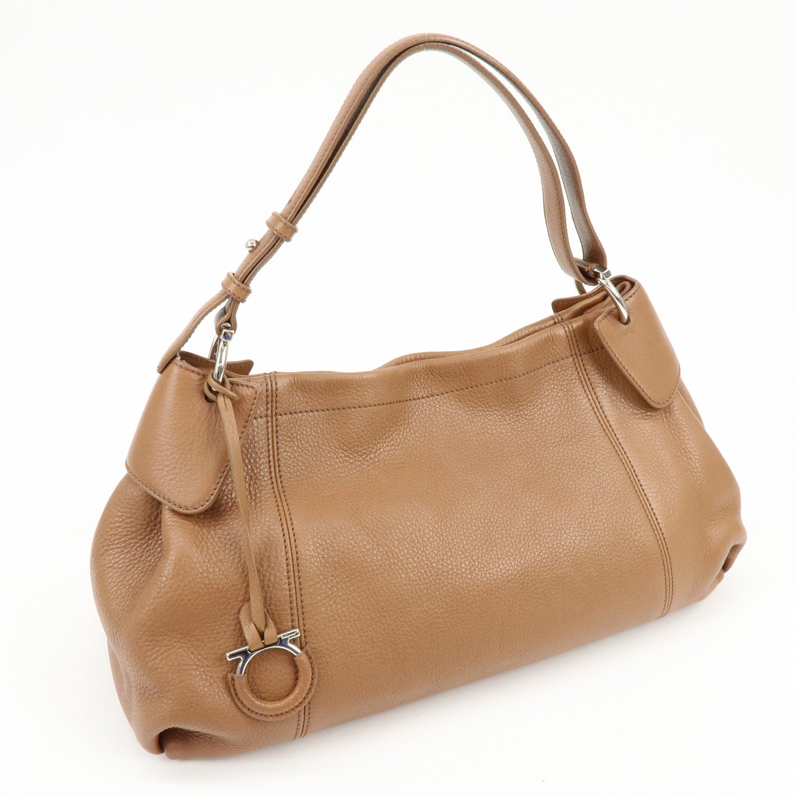 Ferragamo Gancini Leather Shoulder Bag Hand Bag Charm Brown