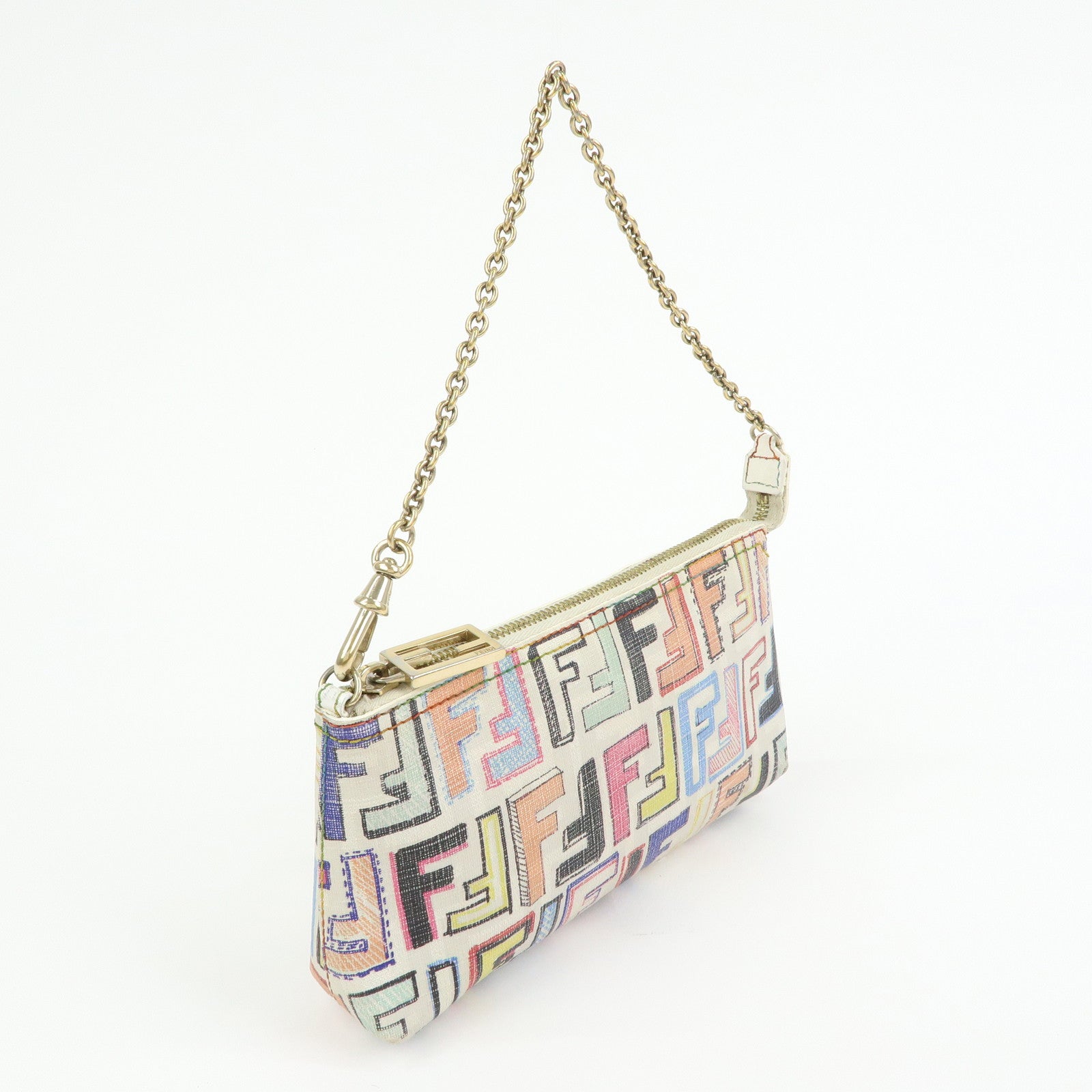 FENDI Zucca Print PVC Chain Accessory Pouch White Multicolor 8BR592