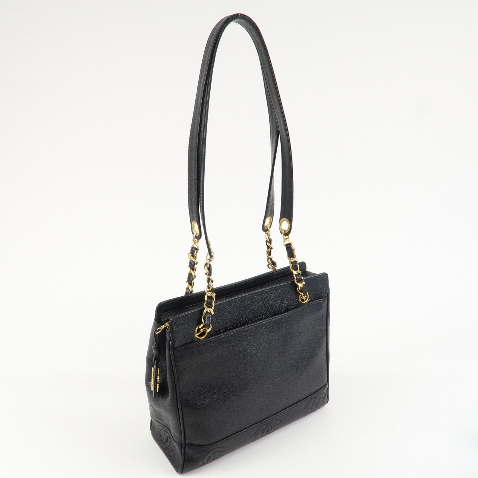 CHANEL Triple COCO Caviar Skin Chain Shoulder Bag Black Gold Hardware Used