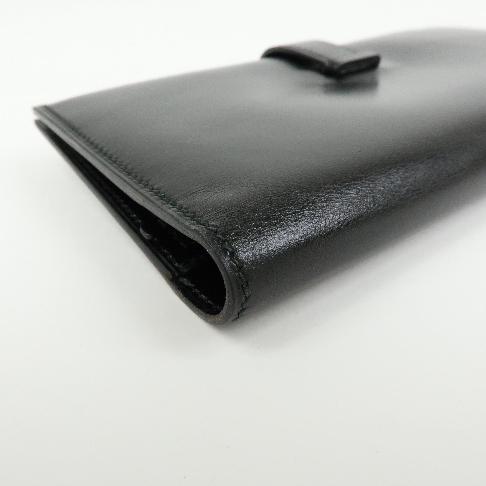 HERMES Bearn Box Calf Bi-fold Long Wallet 〇QStamped Black Gold