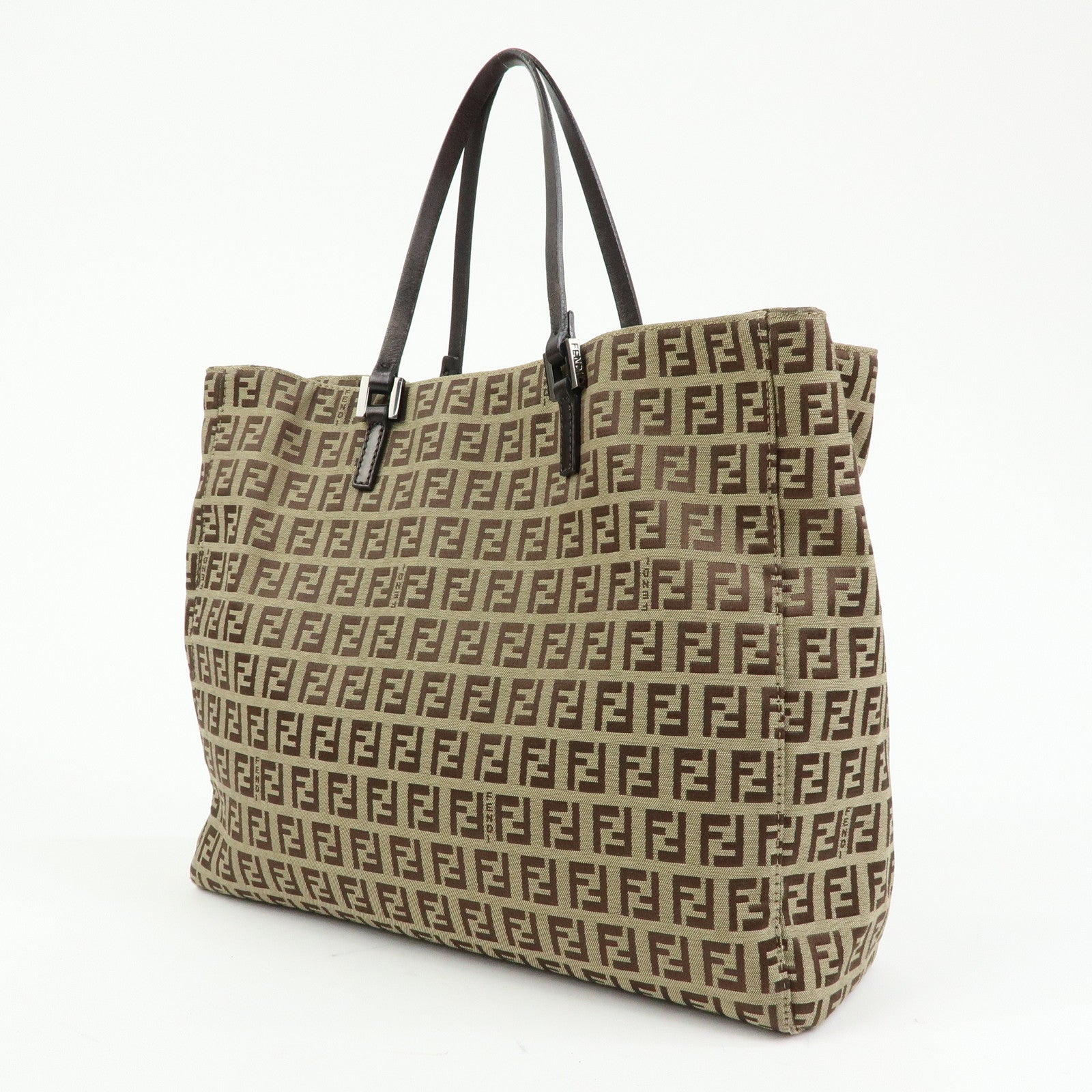 FENDI Zucchino Canvas Leather Tote Bag Beige Brown 8BH019