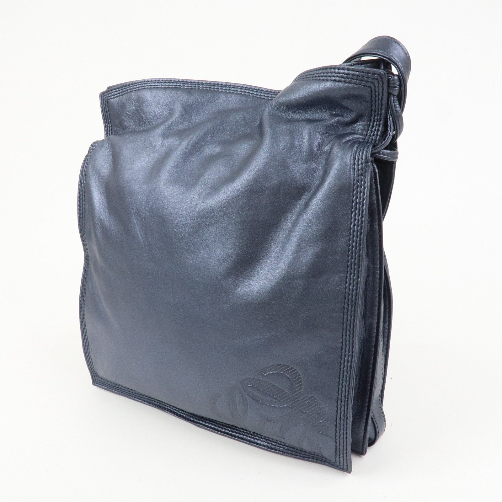 LOEWE Anagram Leather Shoulder Bag Hand Bag Metallic Blue