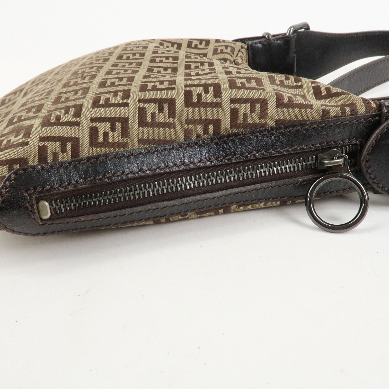 FENDI Zucchino Canvas Leather Shoulder Bag Hand Bag Brown