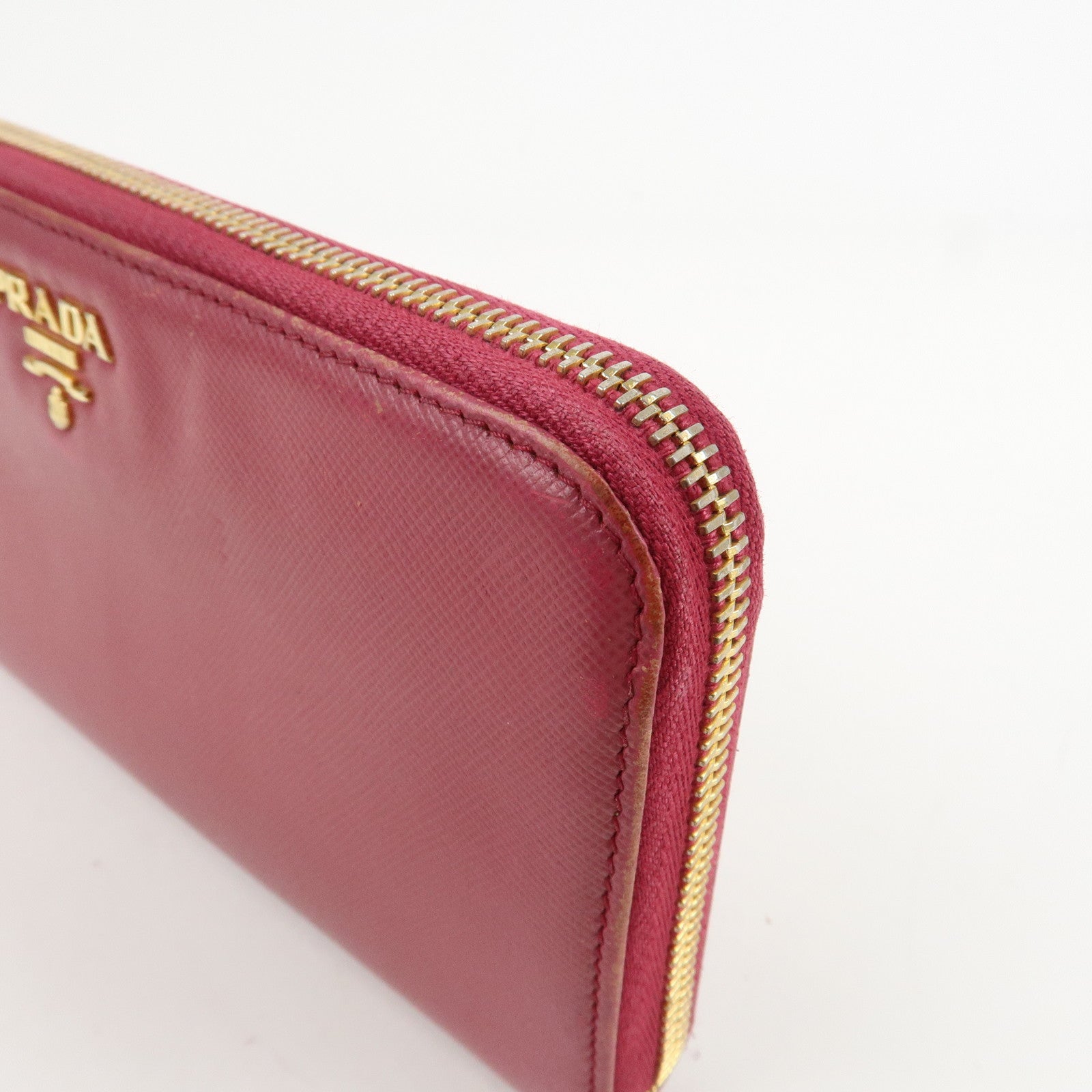 PRADA Logo Saffiano Leather Round Zippy Long Wallet Pink 1M0506 Used