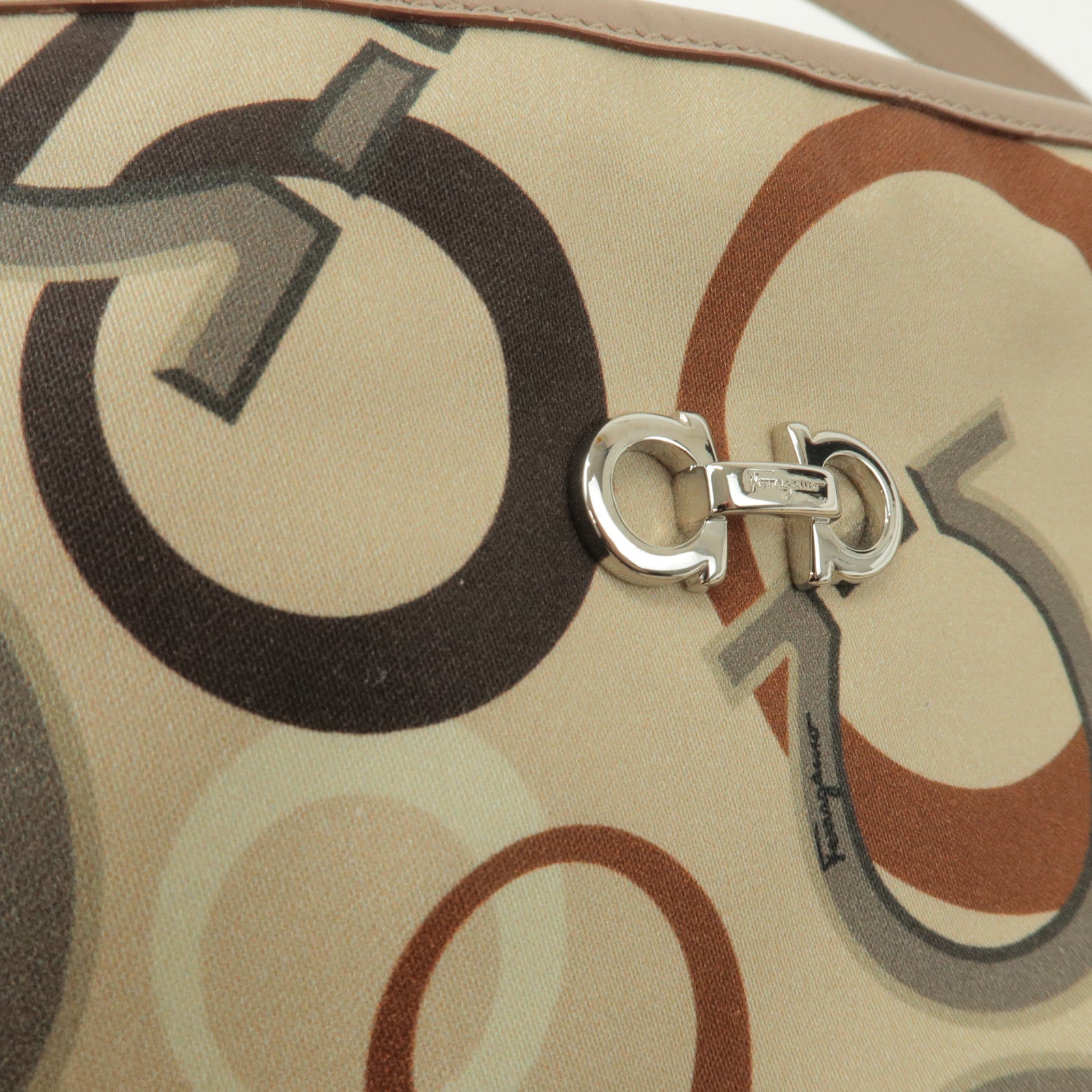 Ferragamo Gancini Nylon Leather Hand Bag Shoulder Bag Beige Brown