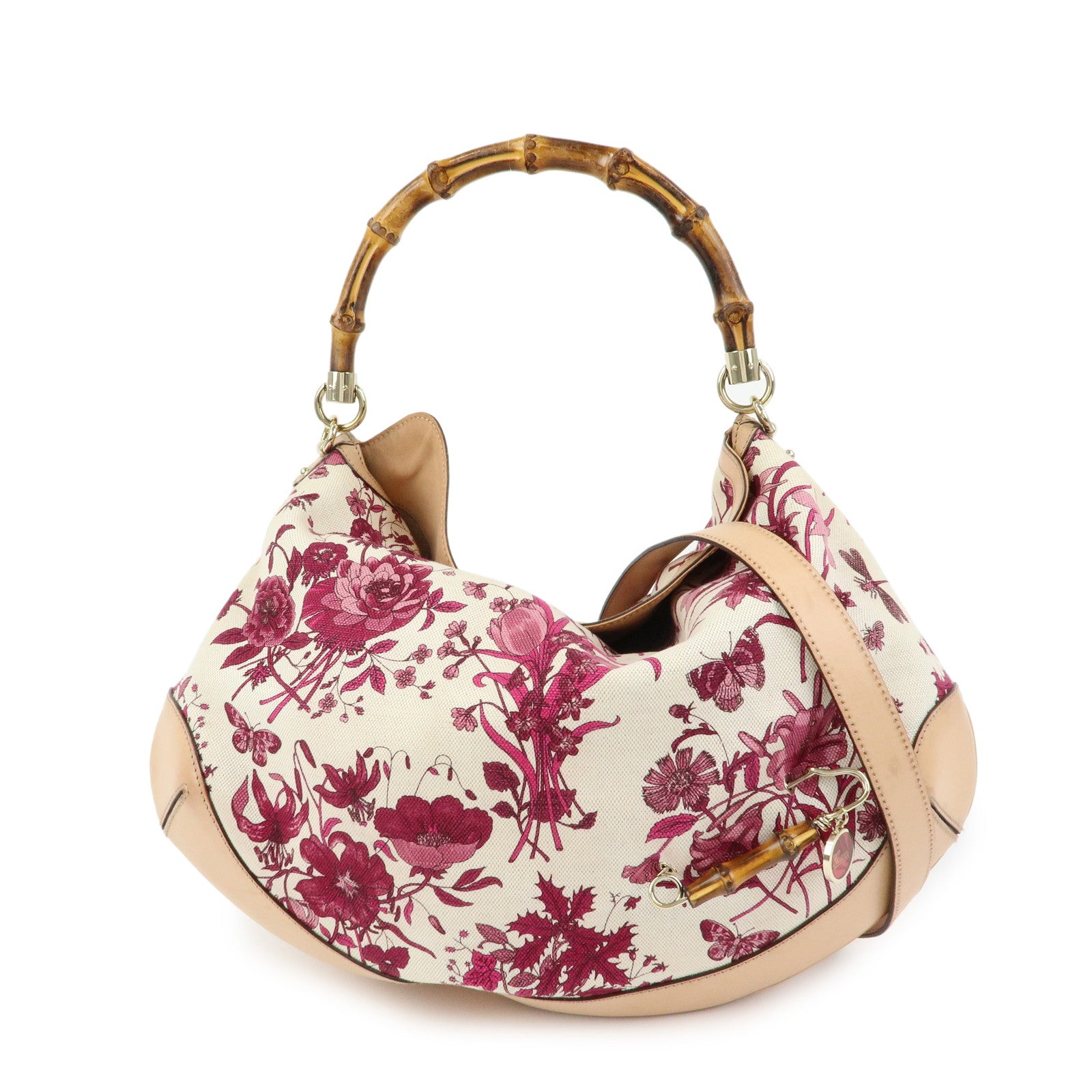 GUCCI Bamboo Flora Canvas Leather 2Way Shoulder Bag Pink 169976