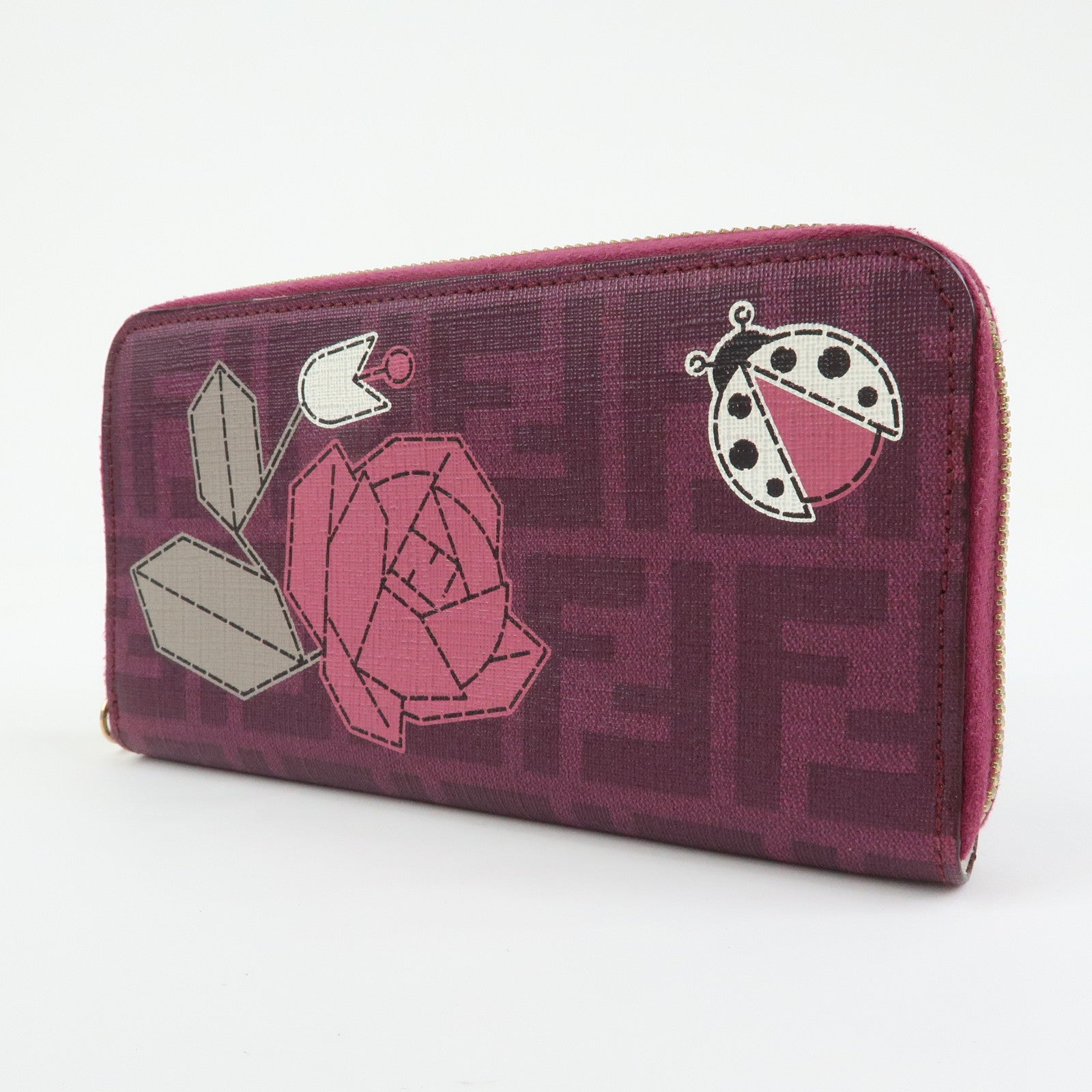 FENDI Zucca PVC Long Wallet Rose Ladybug Motif Purple 8M0024