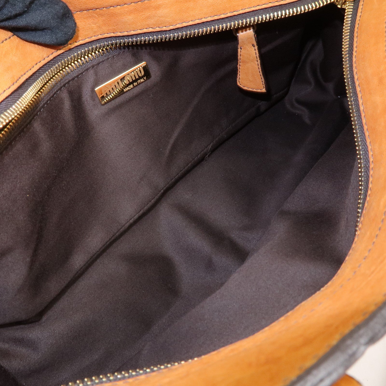 MIUMIU Logo Leather Shoulder Bag Boston Bag Hand Bag Gold HDW Brown Used