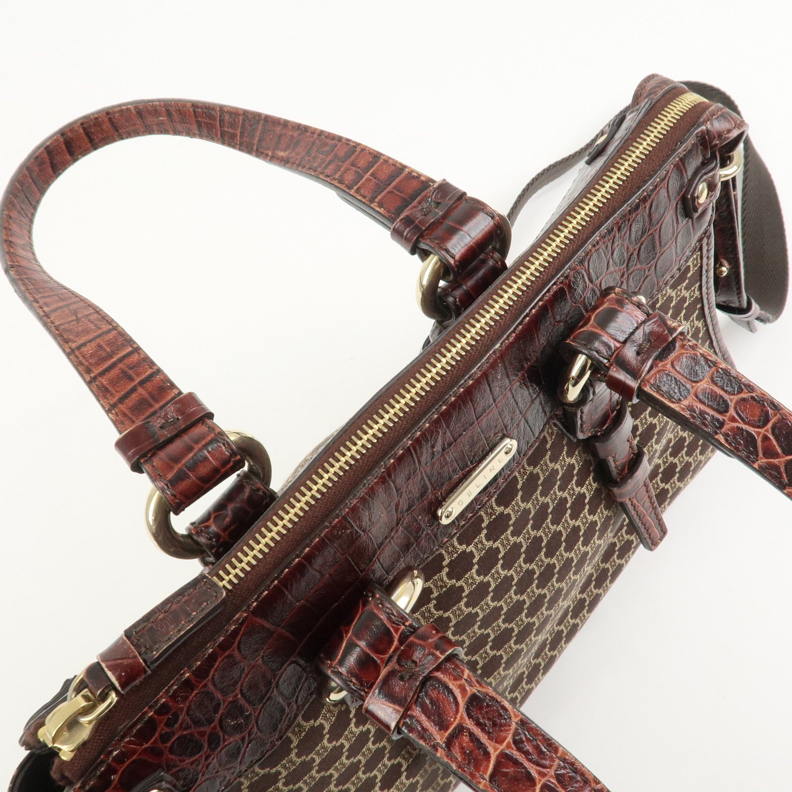 CELINE Macadam Canvas Emboss Leather 2 Way Bag Hand Bag Brown