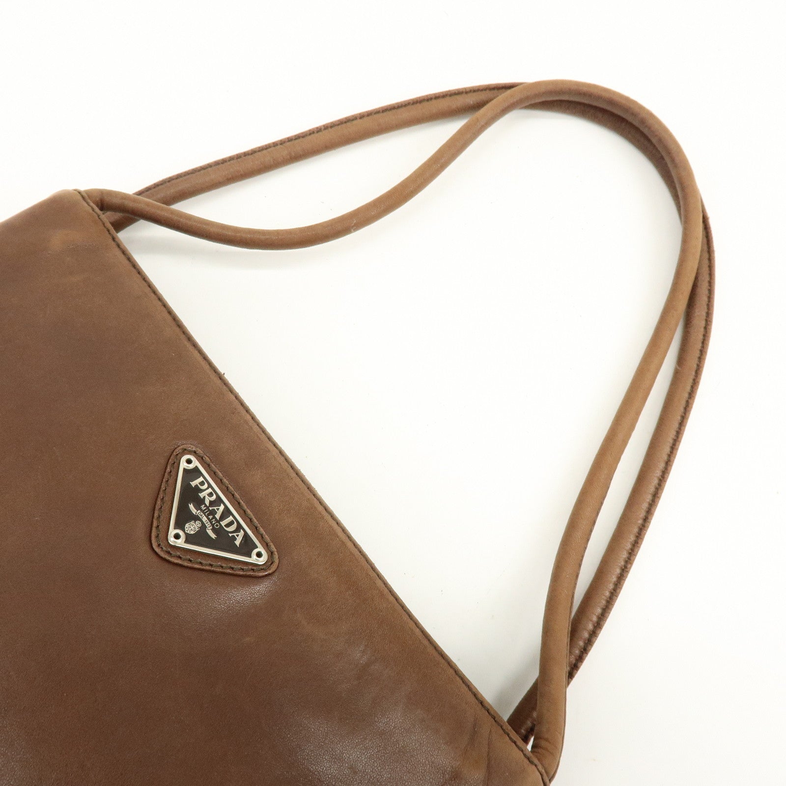 PRADA Triangle Logo Leather Shoulder Bag Crossbody Bag Brown