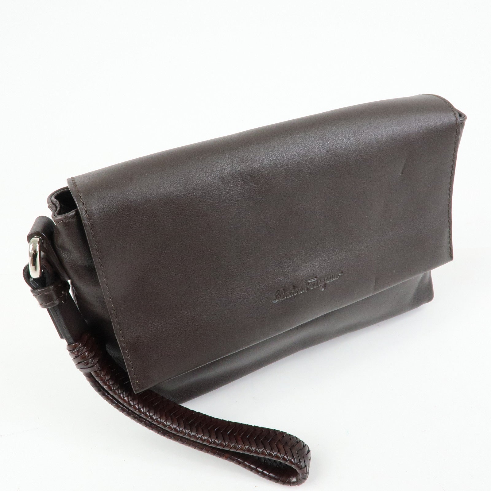 Ferragamo Leather Clutch Bag Second Bag Wrist Strap Brown