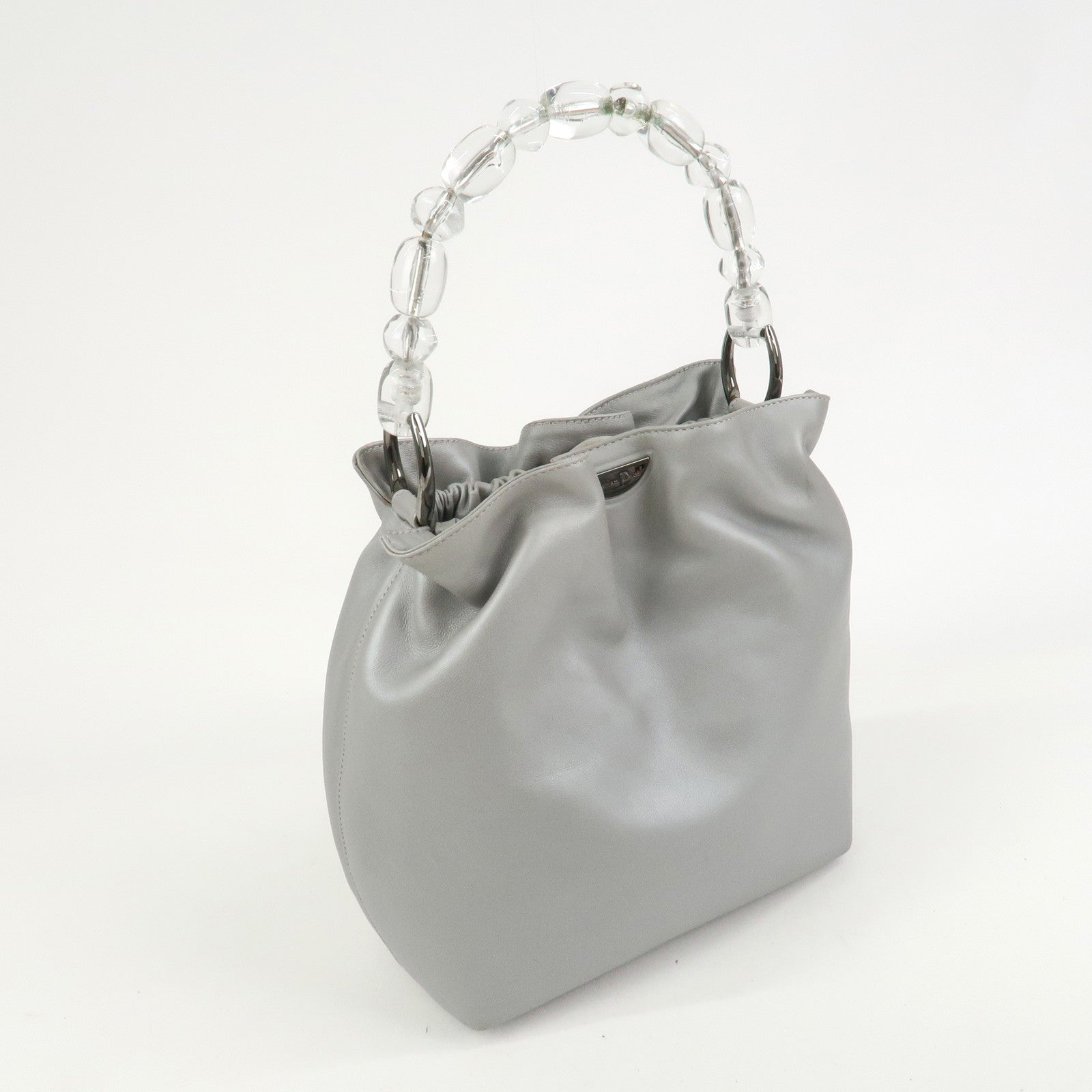 Christian Dior Maris Pearl Leather Hand Bag Silver Gray