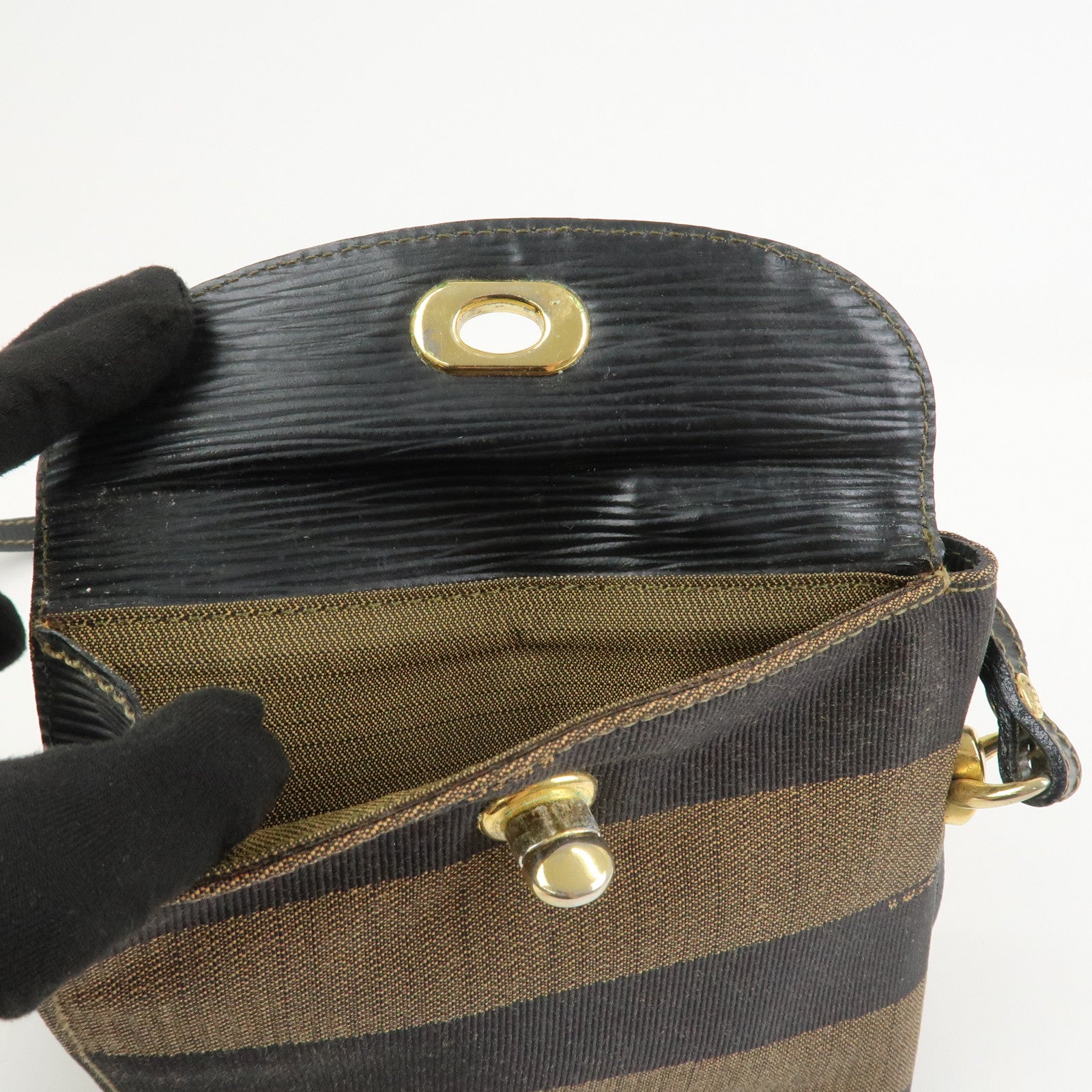 FENDI Pequin Logo Canvas Leather Shoulder Bag Crossbody Bag 15171