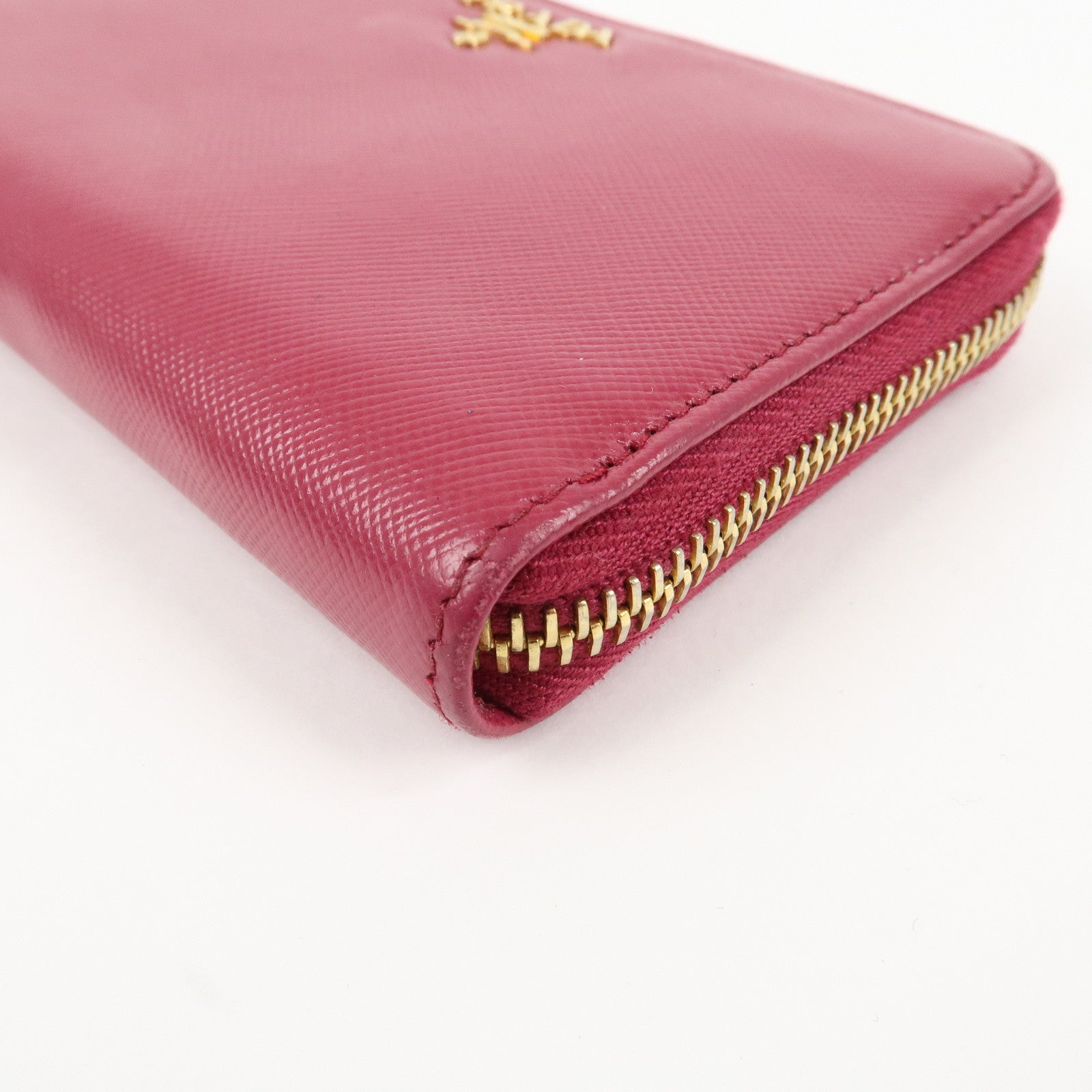 PRADA Logo Leather Round Zippy Wallet Pink Gold Hardware Used
