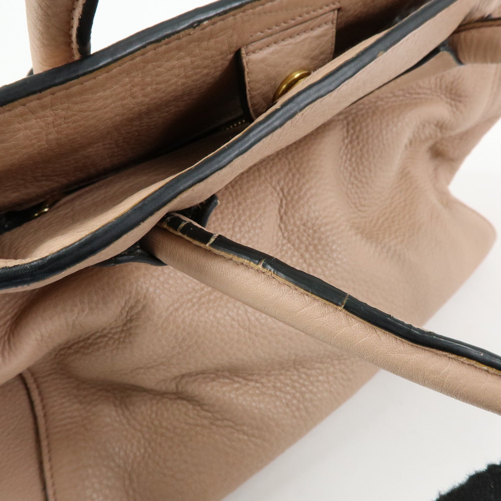 PRADA Triangle Logo Leather Tote Bag Shoulder Bag Pink Beige