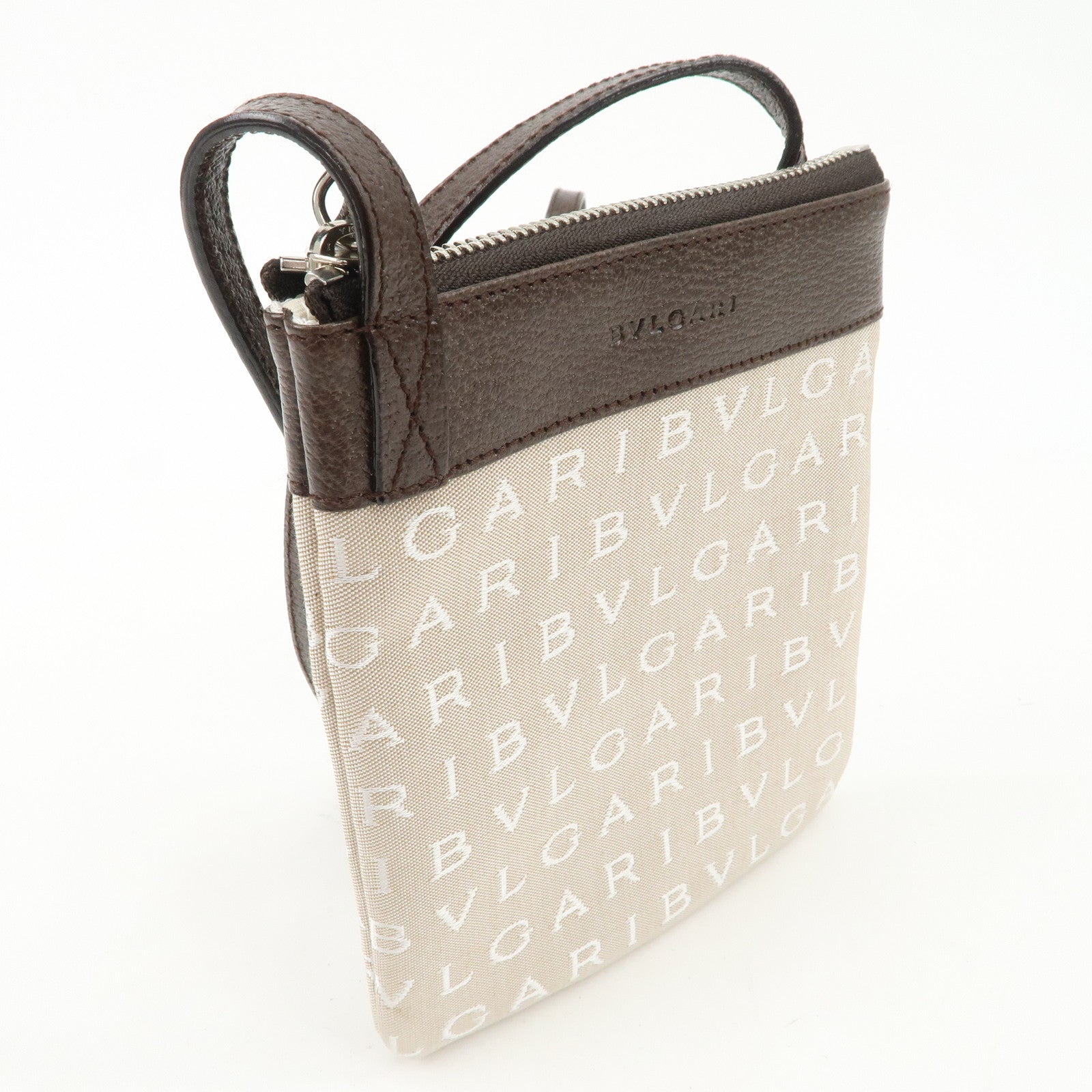 BVLGARI Logo Mania Canvas Leather Shoulder Bag Beige Dark Brown