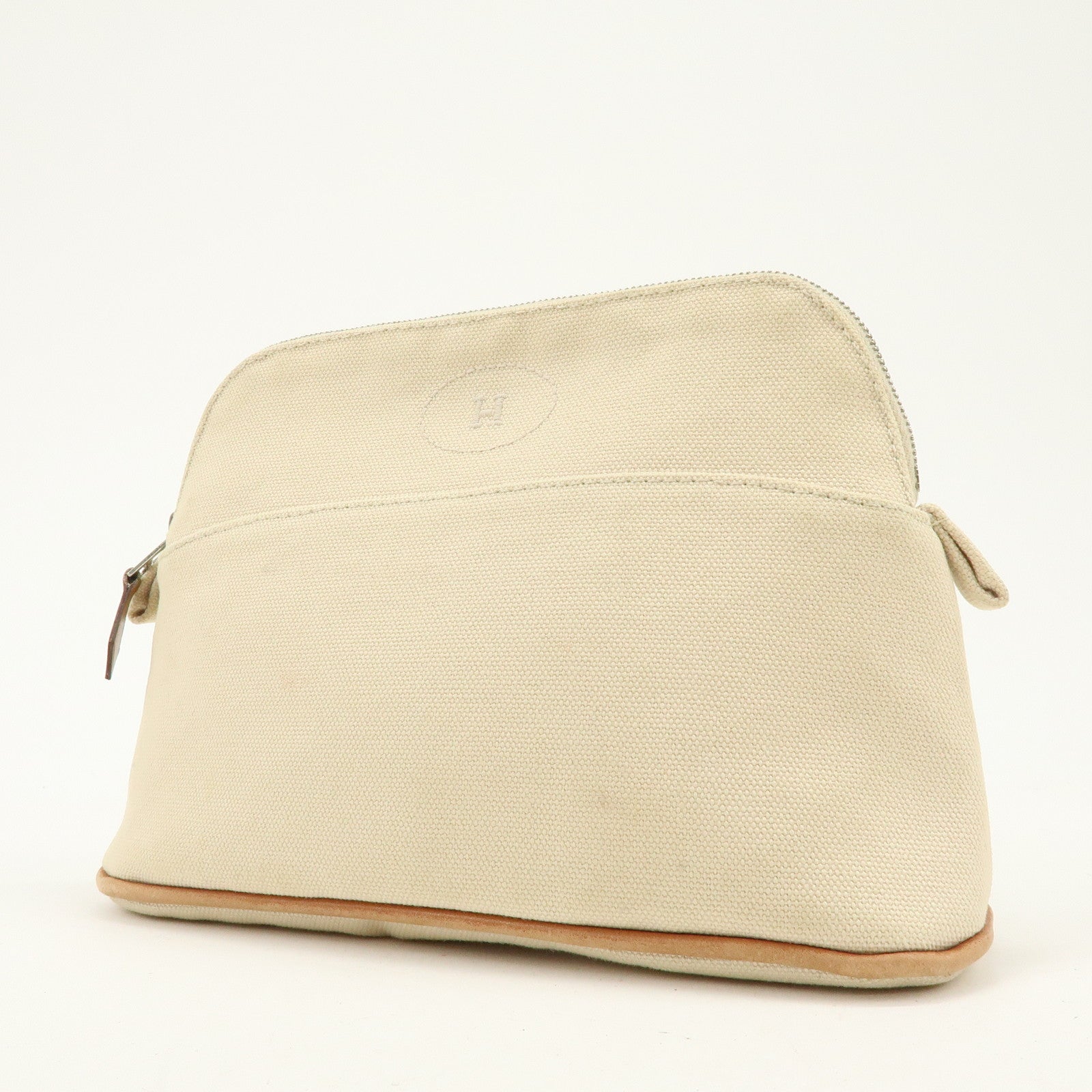 HERMES Bolide Mini Cotton Leather Pouch Cosmetic Case Ivory Beige