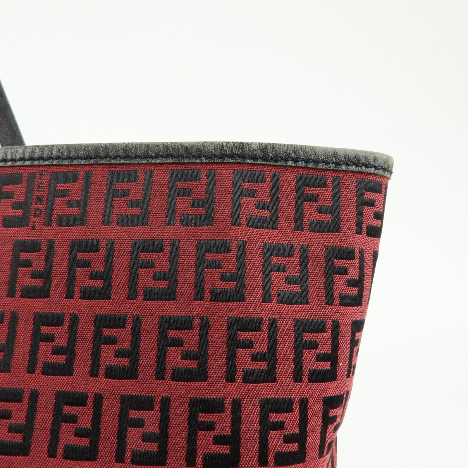 FENDI Zucchino Canvas Leather Tote Bag Hand Bag Red Black 8BH005