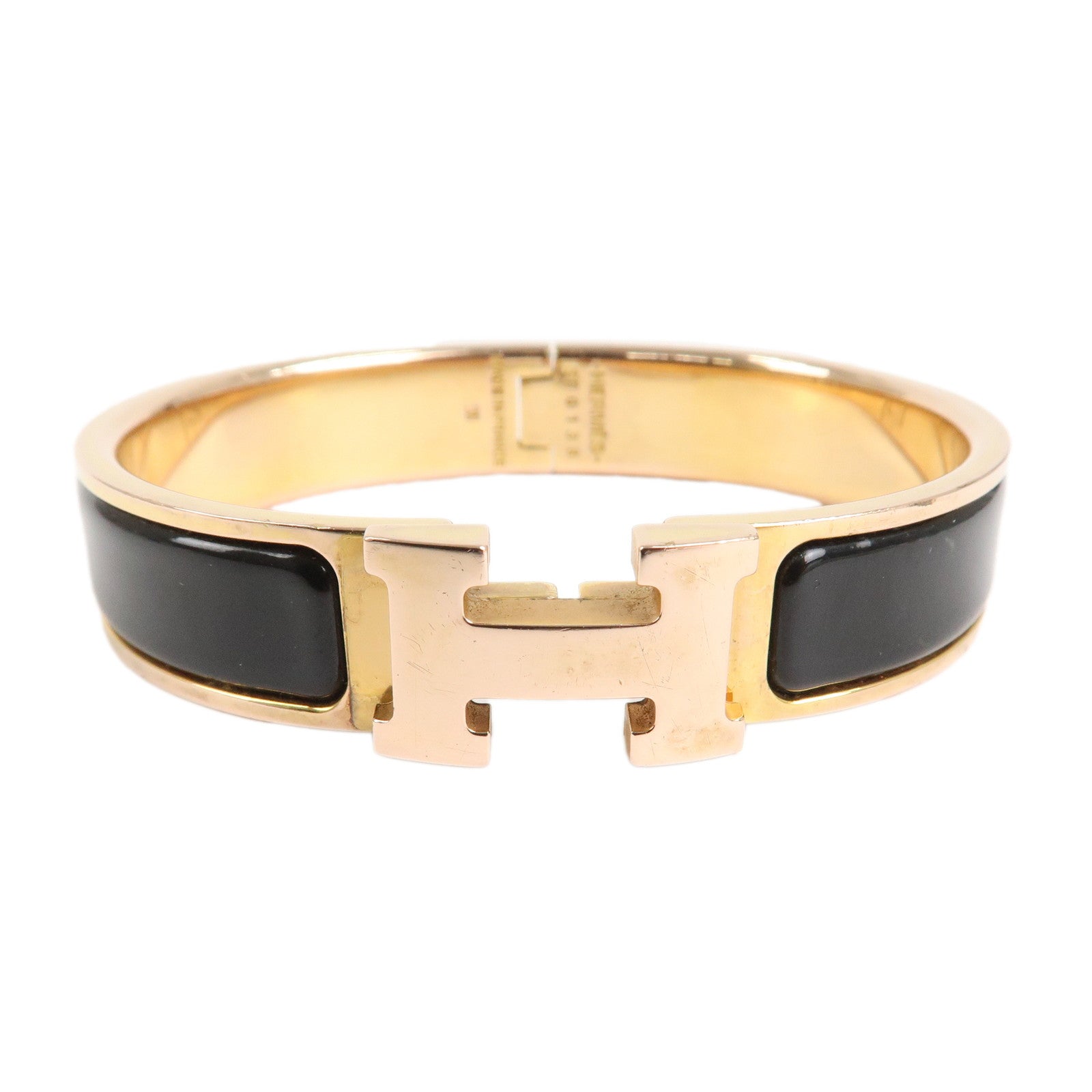 HERMES Clic Clac PM H Logo Bangle Bracelet Gold Black Used